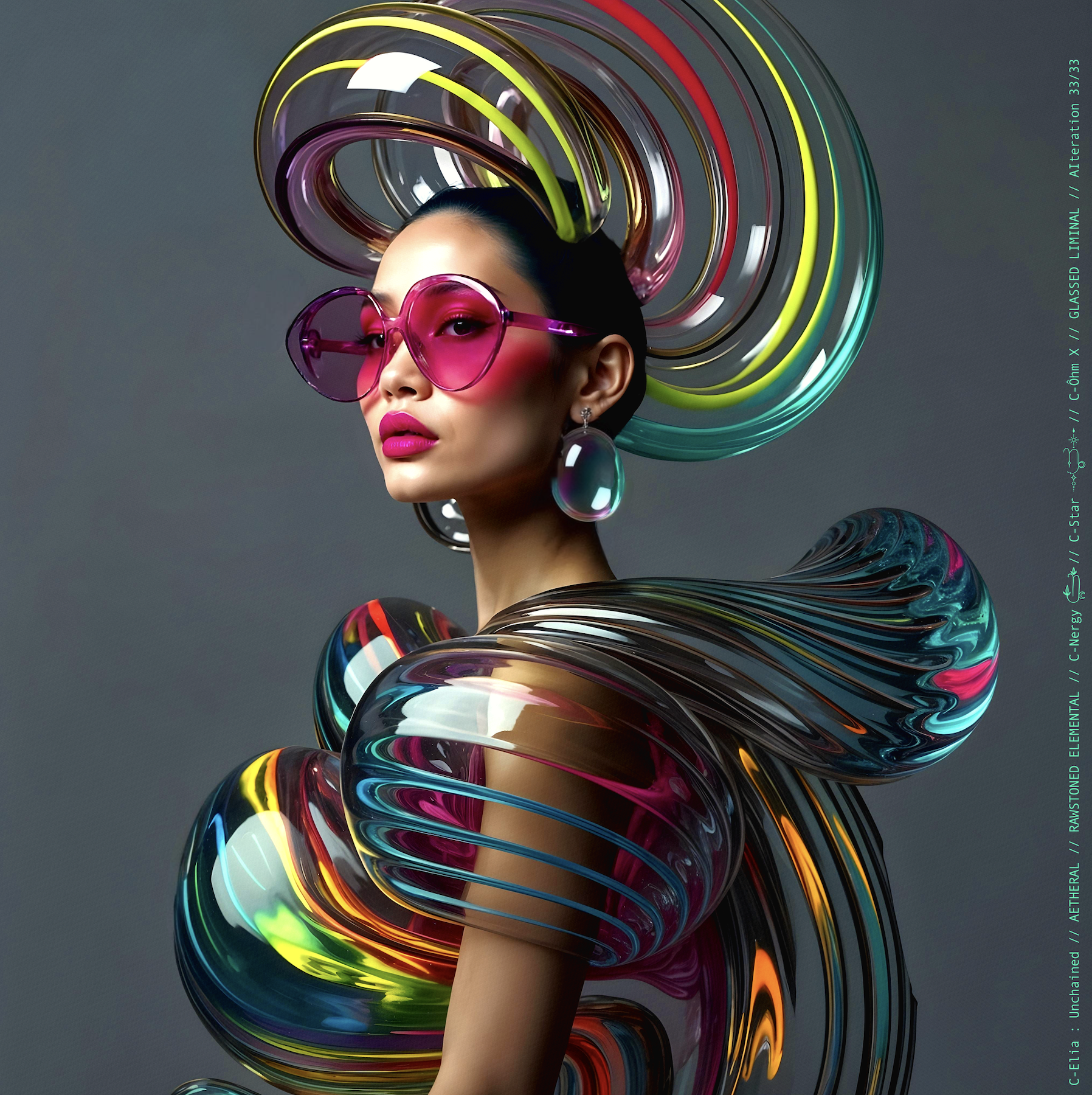 Surreal haute meta couture NFT silhouette from C-Elia: Unchained, Glassed Liminal collection, inspired by blown glass and molten light, merging fragility, transparency and grandeur into an avant garde architectural couture sculpture.