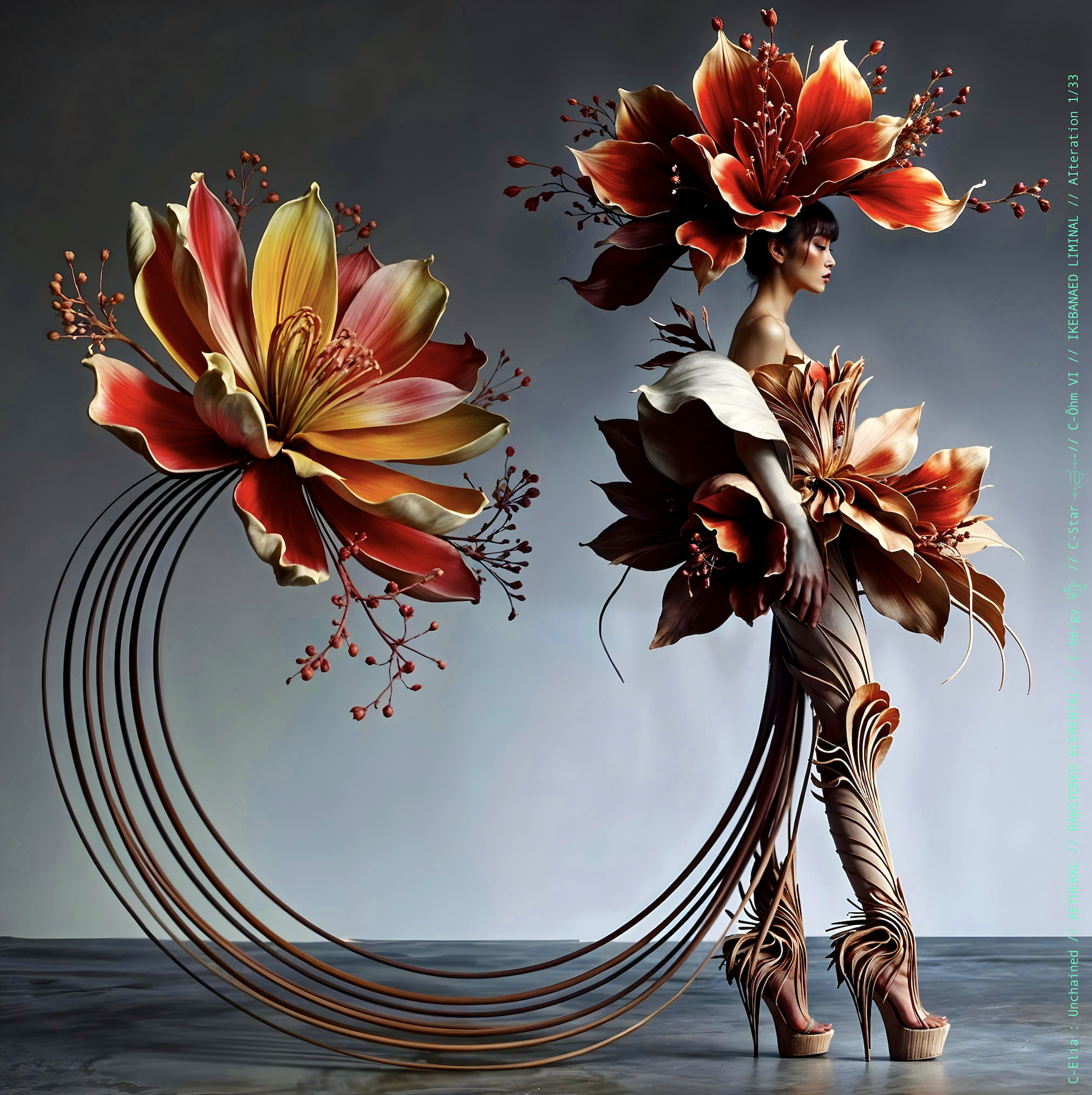 Surreal haute meta couture NFT silhouette from C-Elia: Unchained, Ikebanaed Liminal collection, inspired by floral architecture and Japanese composition, merging nature, geometry and serenity into a living couture sculpture.