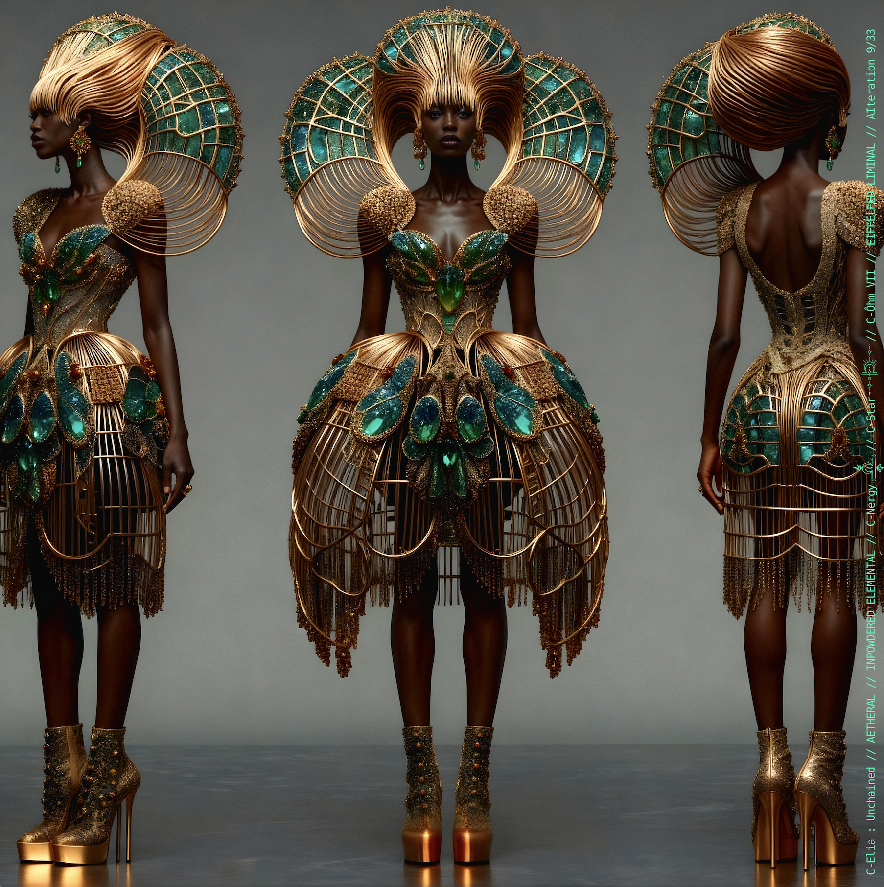 Surreal haute meta couture NFT silhouette from C Elia Unchained, Eiffelfed Liminal collection, merging openwork copper metal, emerald braids, metallic glyph makeup and Parisian architectural couture infused with the atmospheric pulse of Massive Attack and Mad Professor’s “Three.”