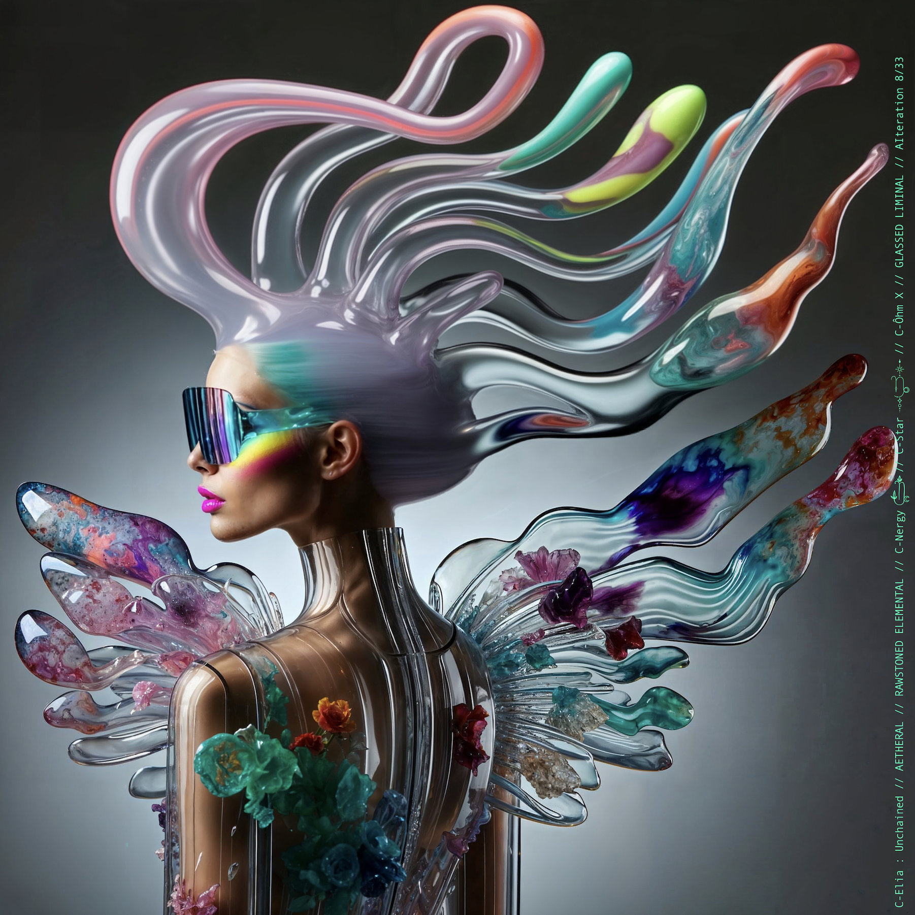 Surreal haute meta couture NFT silhouette from C-Elia: Unchained, Glassed Liminal collection, inspired by blown glass and molten light, merging fragility, transparency and grandeur into an avant garde architectural couture sculpture.