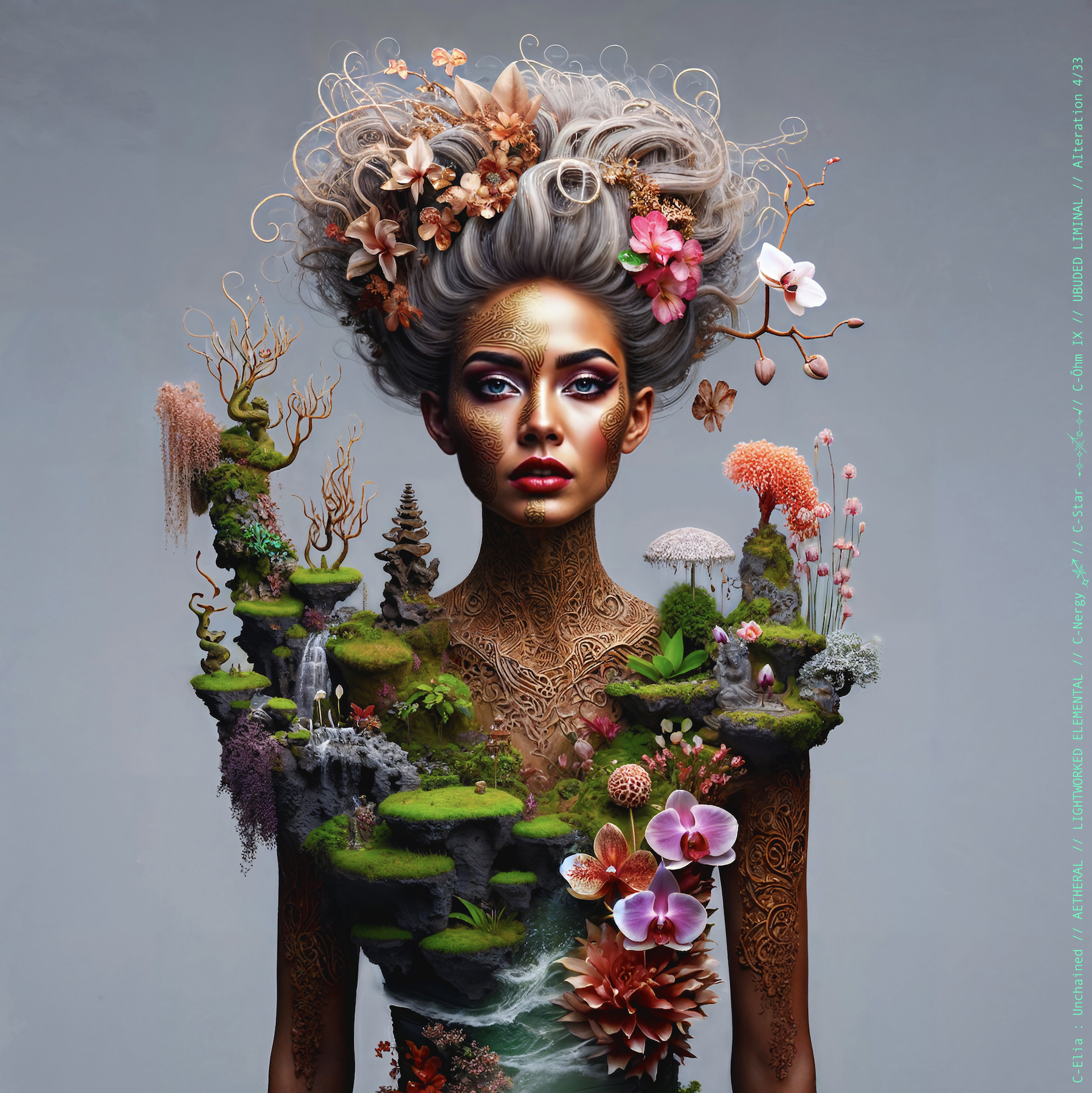 Surreal haute meta couture NFT silhouette from C Elia Unchained, Ubuded Liminal collection, merging tropical Balinese garden architecture, volcanic stone, drifting petals, incense smoke and sacred botanical couture inspired by Asian Dub Foundation’s “Witness.”