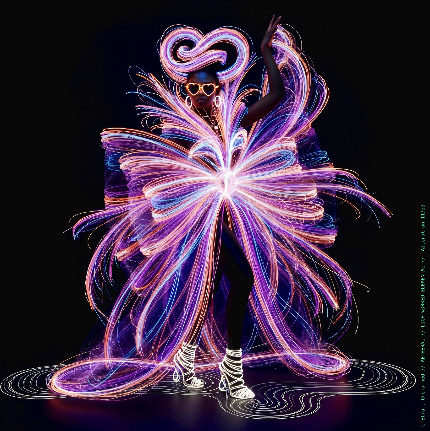 Surreal haute meta couture NFT silhouette from C-Elia: Unchained, Lightworked Elemental collection, a luminous architectural form sketched entirely in neon-painted lines and glowing contours, blending avant-garde light geometry with ethereal couture energy.