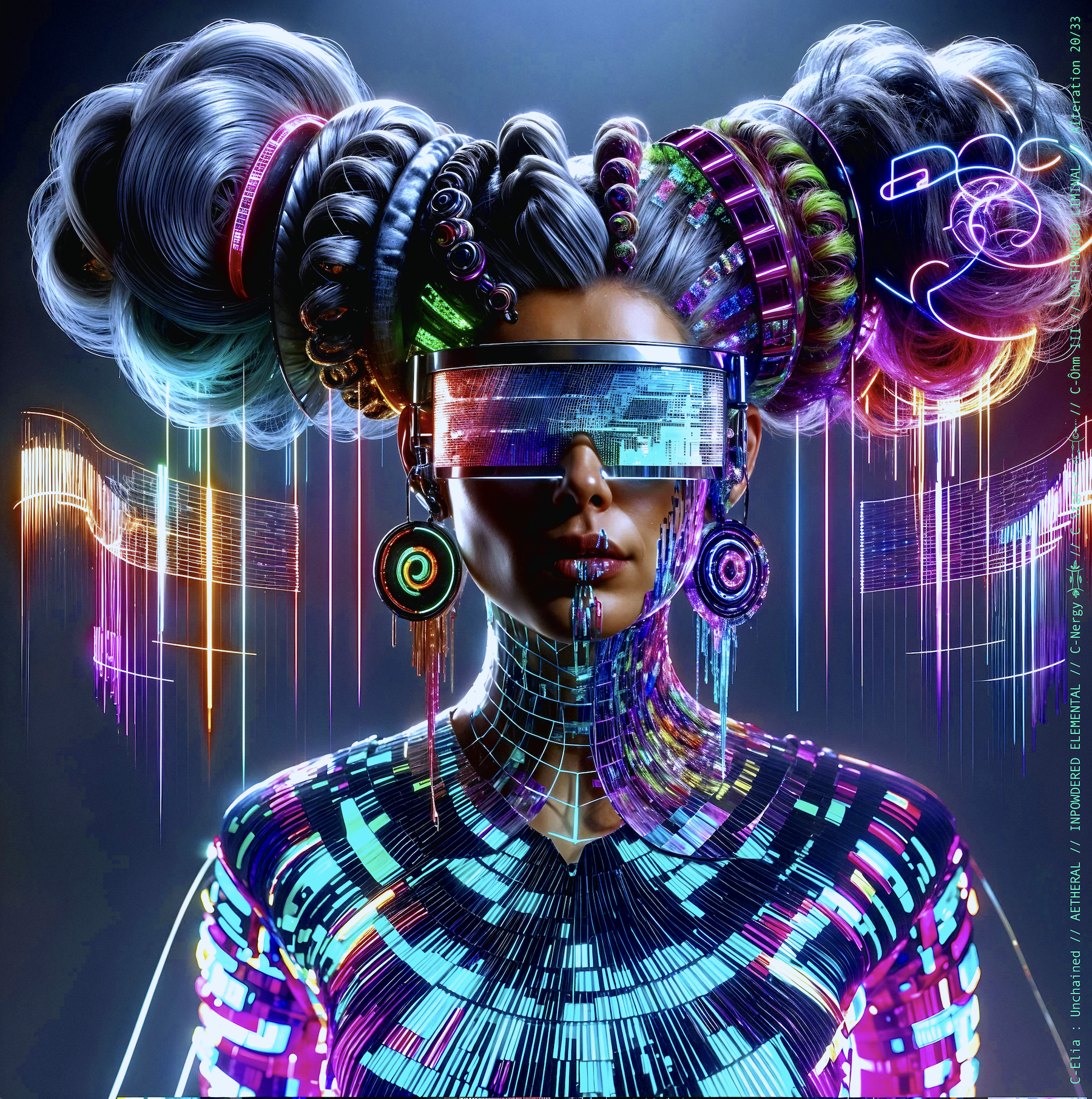 Surreal haute meta couture NFT silhouette from C Elia Unchained, Daftpunked Liminal collection, inspired by electronic neon aesthetics and the luminous frequencies of Daft Punk Alive 2008, merging holographic vinyl, glitch light and couture architecture.

