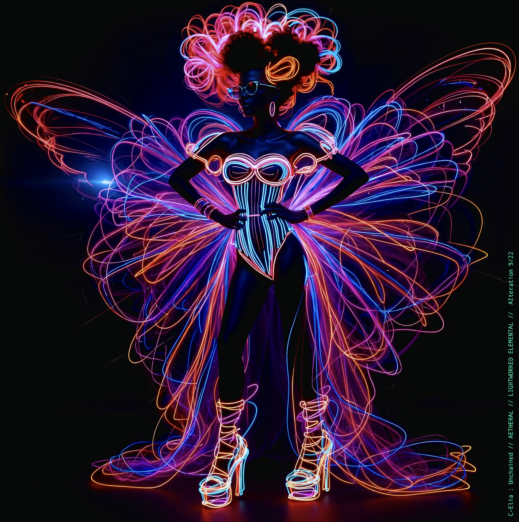 Surreal haute meta couture NFT silhouette from C-Elia: Unchained, Lightworked Elemental collection, a luminous architectural form sketched entirely in neon-painted lines and glowing contours, blending avant-garde light geometry with ethereal couture energy.