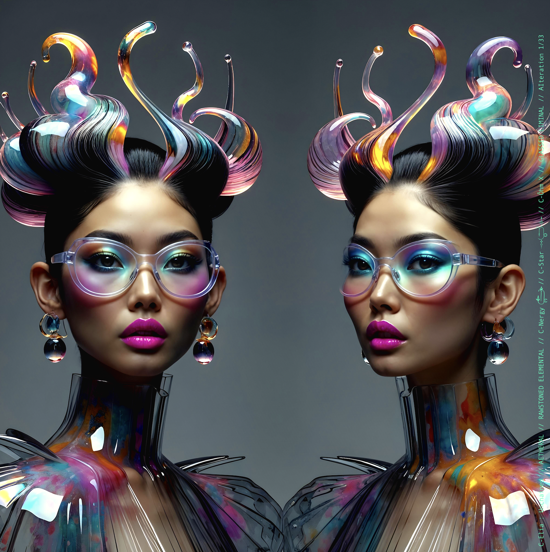 Surreal haute meta couture NFT silhouette from C-Elia: Unchained, Glassed Liminal collection, inspired by blown glass and molten light, merging fragility, transparency and grandeur into an avant garde architectural couture sculpture.