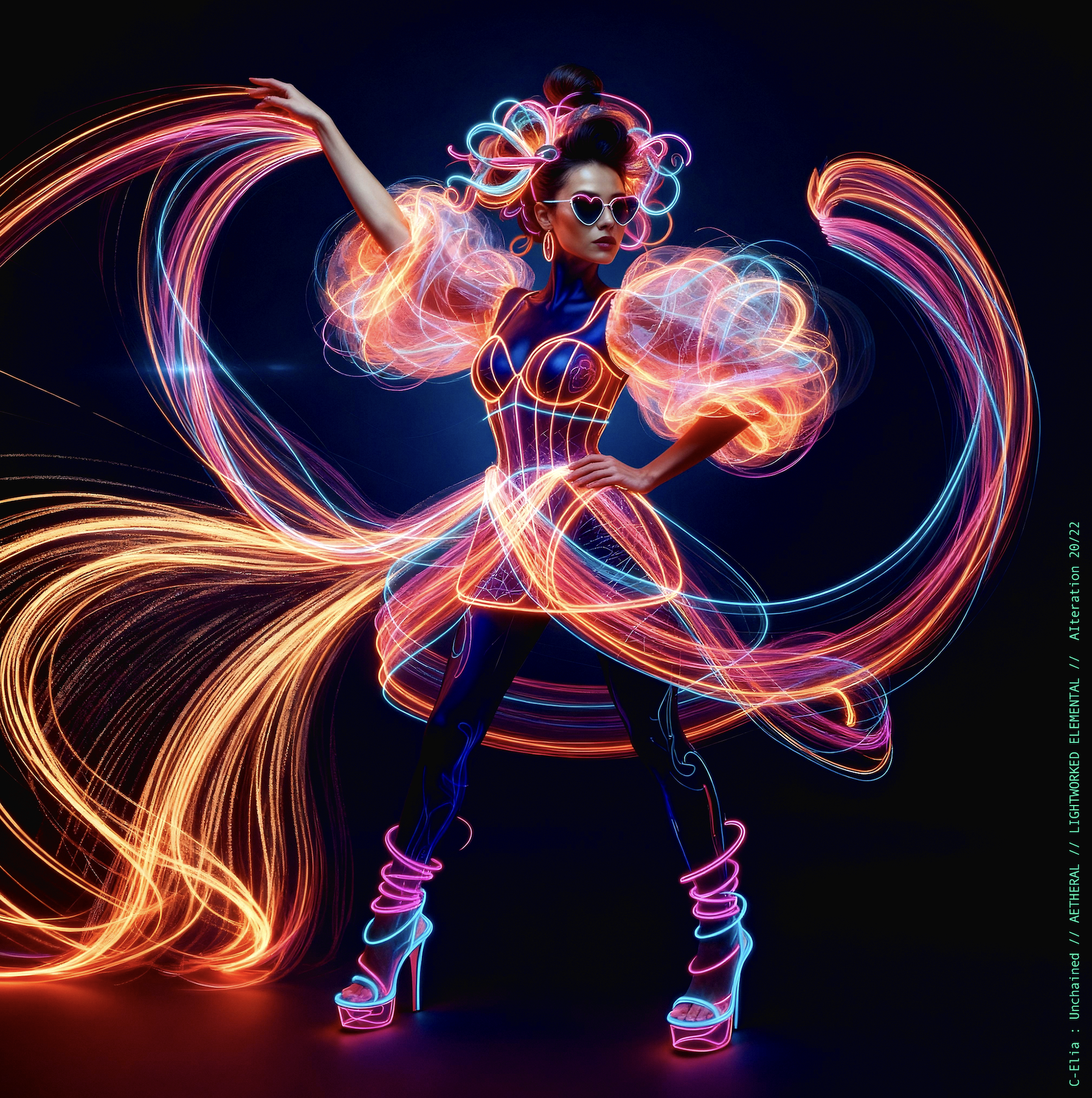 Surreal haute meta couture NFT silhouette from C-Elia: Unchained, Lightworked Elemental collection, a luminous architectural form sketched entirely in neon-painted lines and glowing contours, blending avant-garde light geometry with ethereal couture energy.
