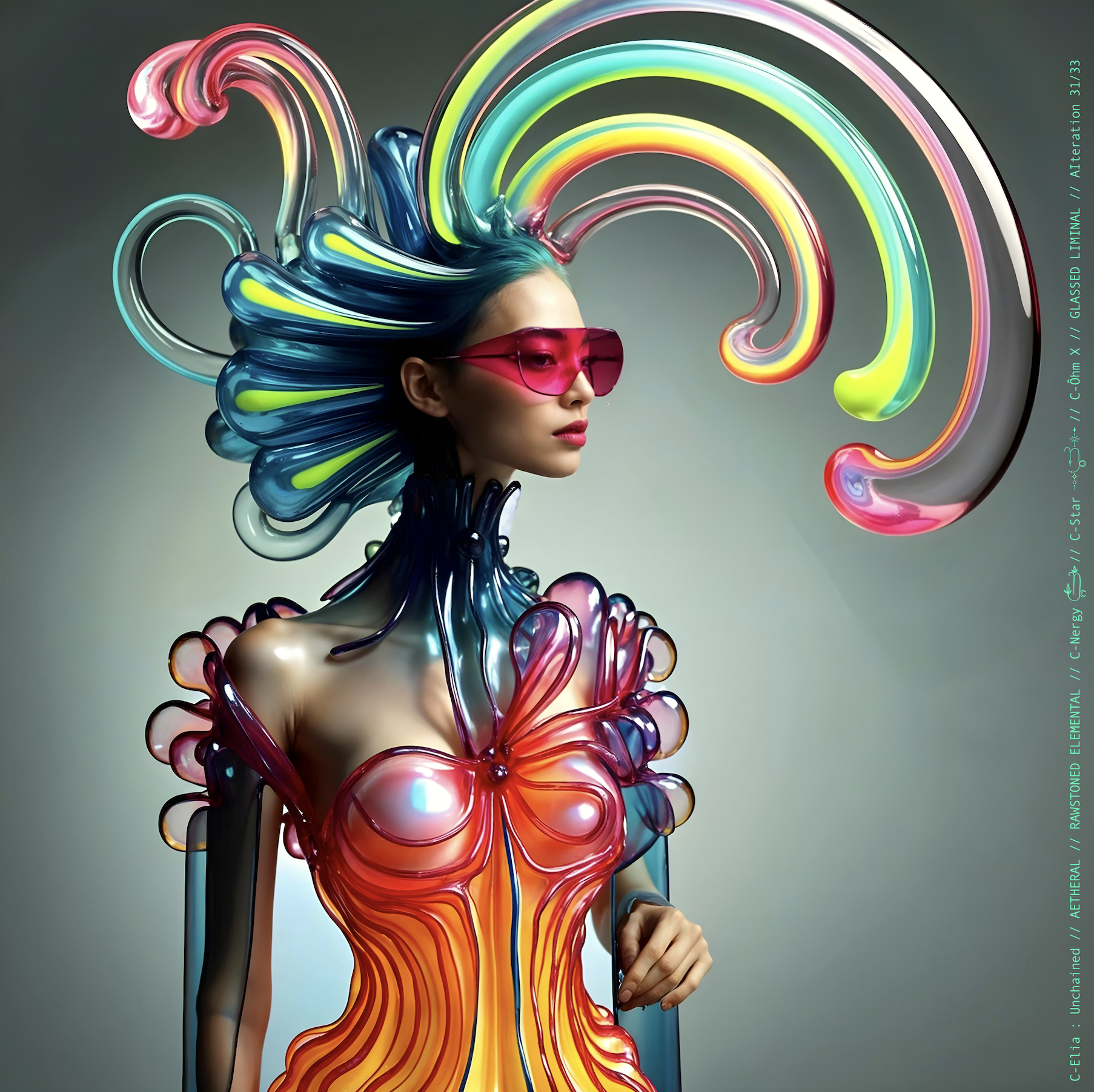 Surreal haute meta couture NFT silhouette from C-Elia: Unchained, Glassed Liminal collection, inspired by blown glass and molten light, merging fragility, transparency and grandeur into an avant garde architectural couture sculpture.