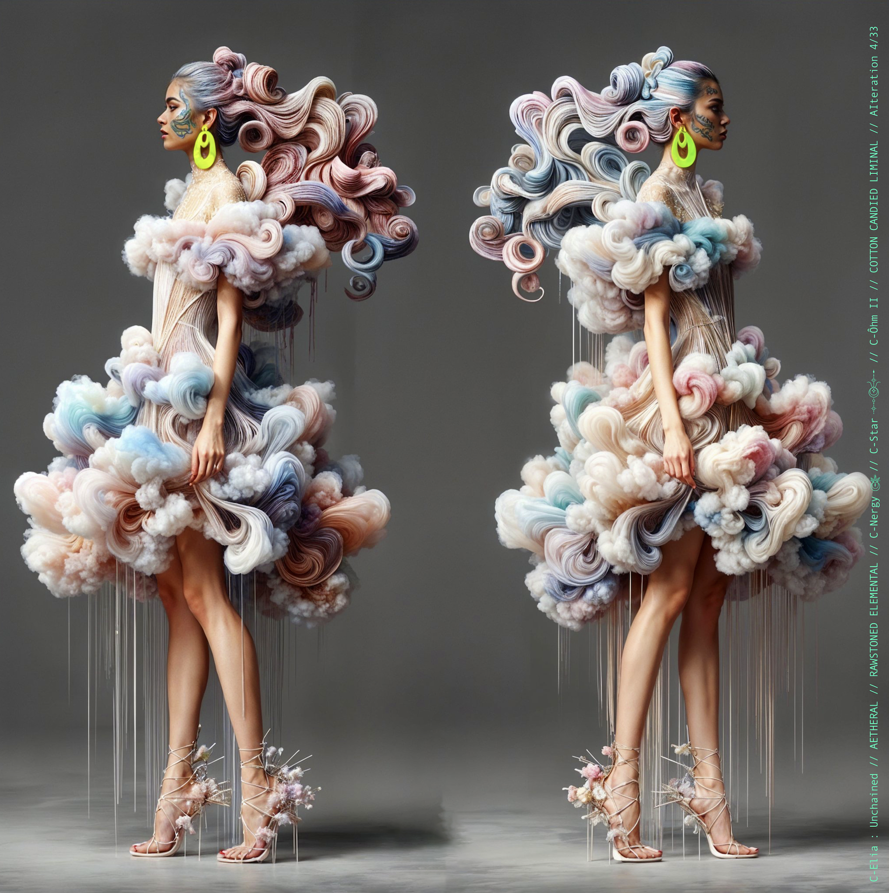 Surreal haute meta couture NFT silhouette from C Elia: Unchained, Cotton Candied Liminal collection, inspired by pastel cotton candy clouds and Khmer gold tattoos, merging sweetness, rebellion and couture into a living vaporous sculpture.