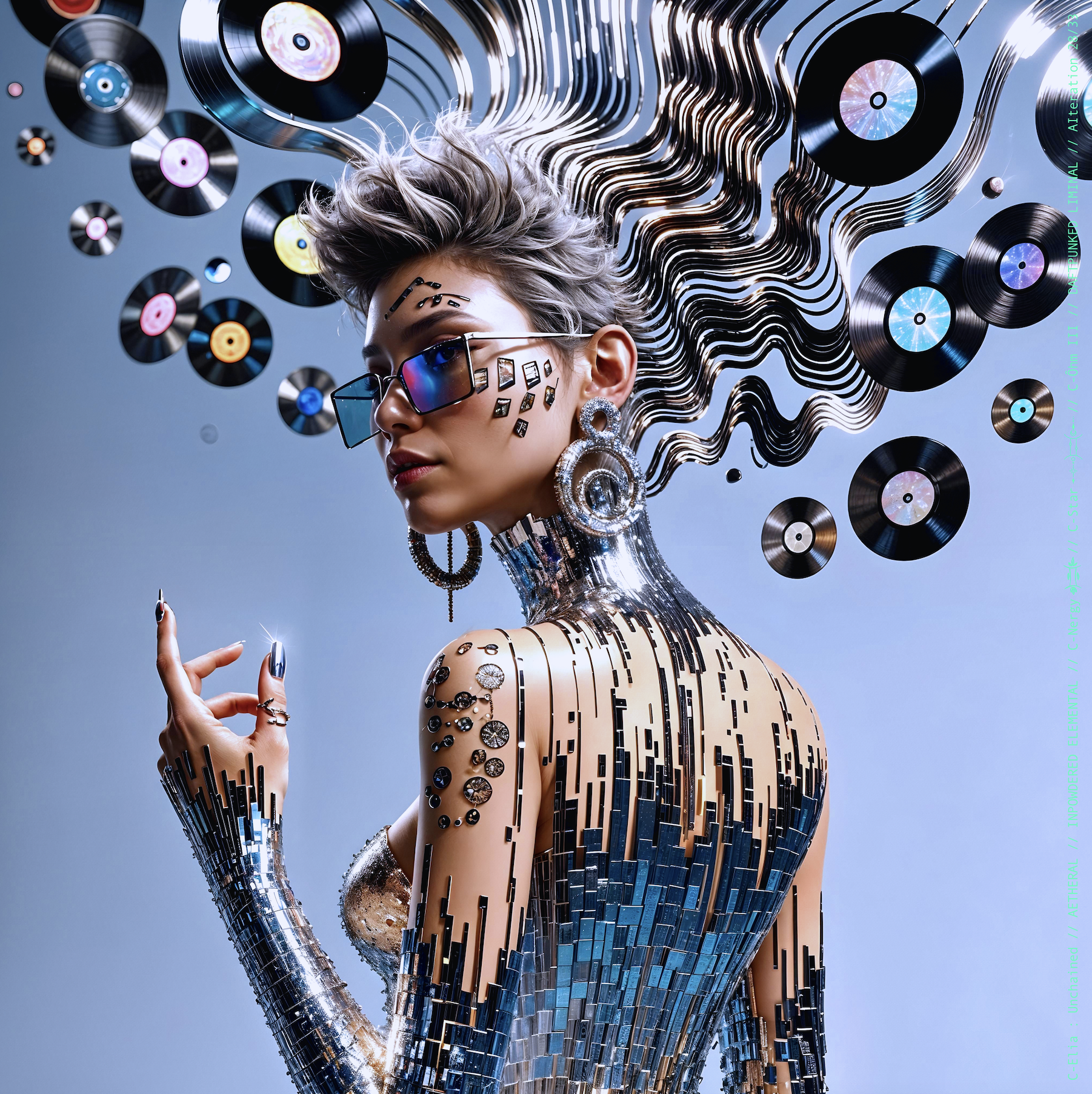 Surreal haute meta couture NFT silhouette from C Elia Unchained, Daftpunked Liminal collection, inspired by electronic neon aesthetics and the luminous frequencies of Daft Punk Alive 2008, merging holographic vinyl, glitch light and couture architecture.

