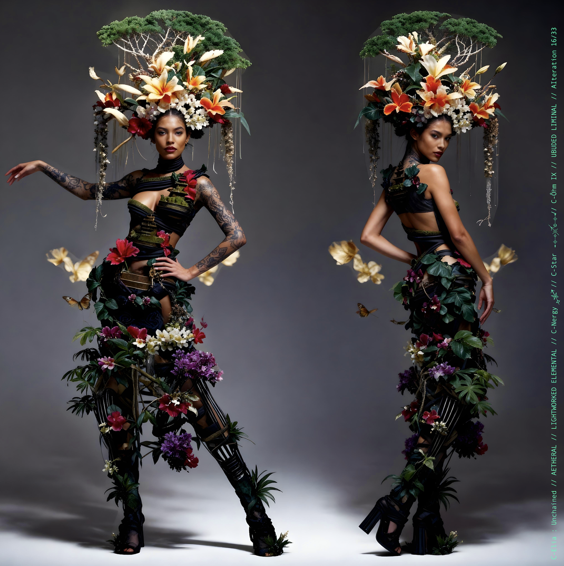 Surreal haute meta couture NFT silhouette from C Elia Unchained, Ubuded Liminal collection, merging tropical Balinese garden architecture, volcanic stone, drifting petals, incense smoke and sacred botanical couture inspired by Asian Dub Foundation’s “Witness.”
