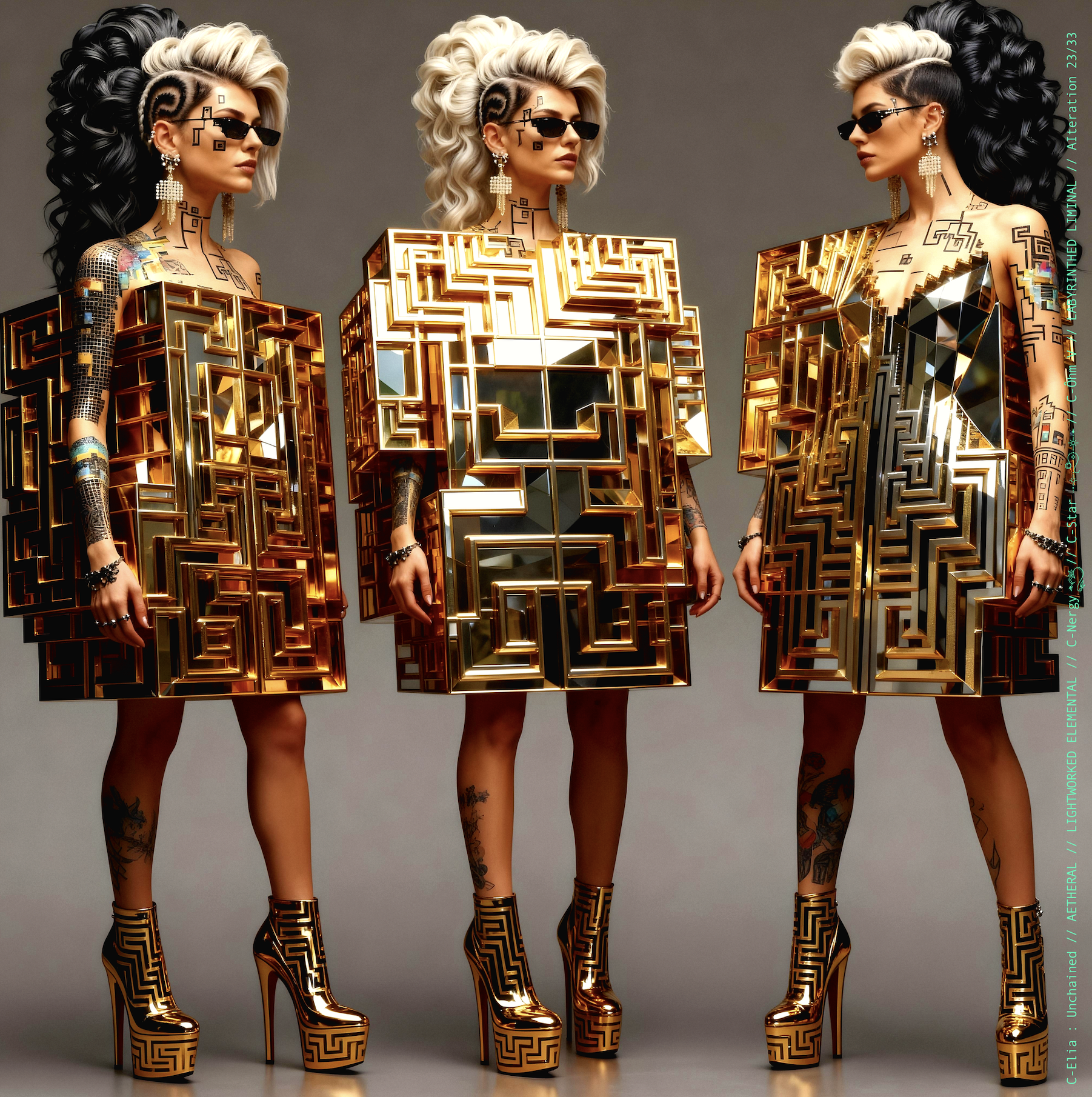 Surreal haute meta couture NFT silhouette from C Elia Unchained, Labyrinthed Liminal collection, inspired by mirrored labyrinth geometry and the chromatic echo of Blue Boy’s “Remember Me,” merging pixel tattoos, gold voxel structures and reflective couture architecture.