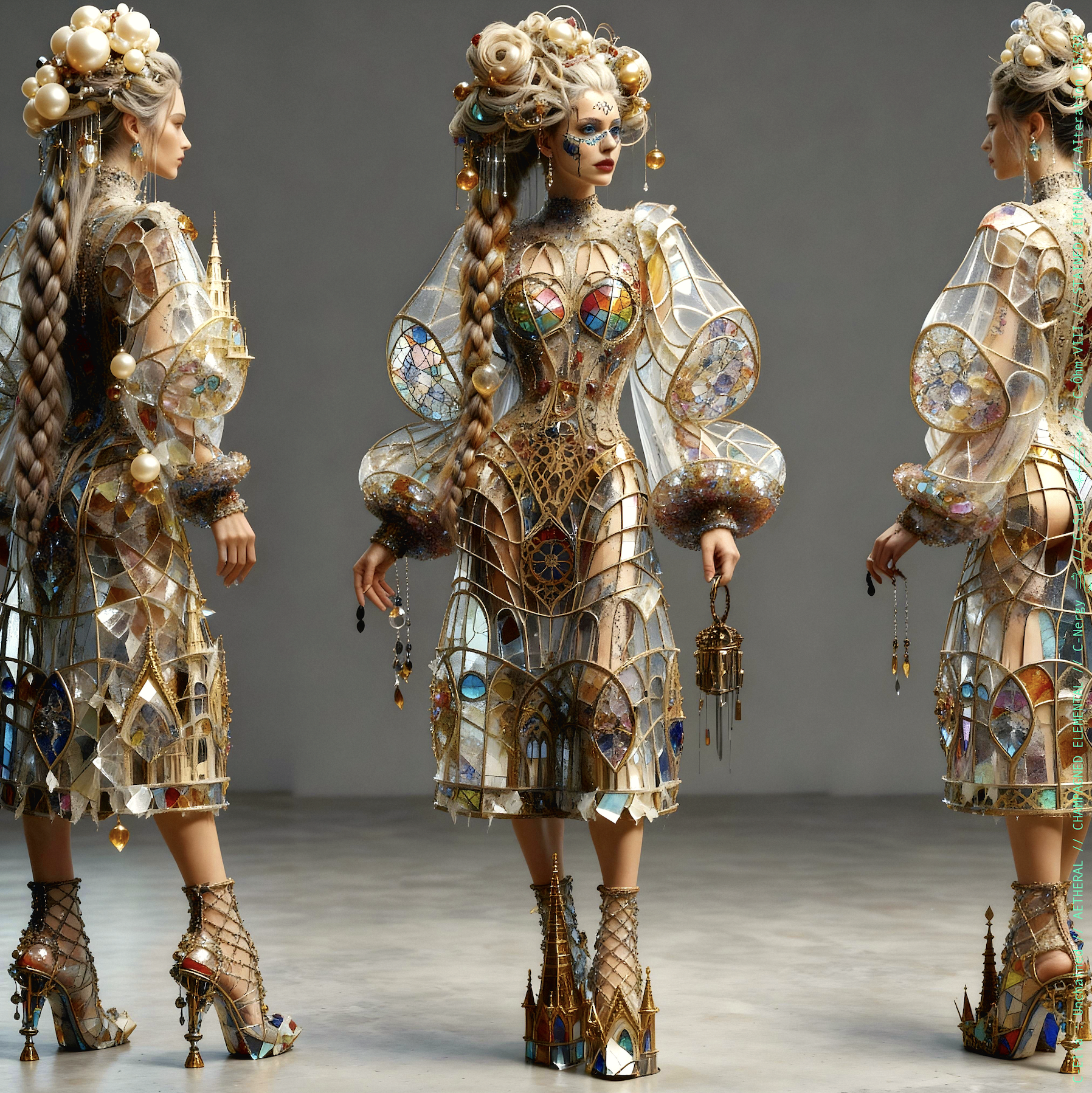 Surreal haute meta couture NFT silhouette from C-Elia: Unchained, Stained Liminal collection, inspired by cathedral stained glass and Mondrian geometry, merging sacred light, metallic reflections, and futuristic architecture into a living holographic couture sculpture.
