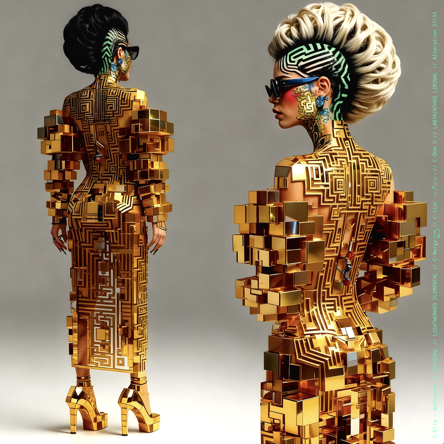 Surreal haute meta couture NFT silhouette from C Elia Unchained, Labyrinthed Liminal collection, inspired by mirrored labyrinth geometry and the chromatic echo of Blue Boy’s “Remember Me,” merging pixel tattoos, gold voxel structures and reflective couture architecture.
