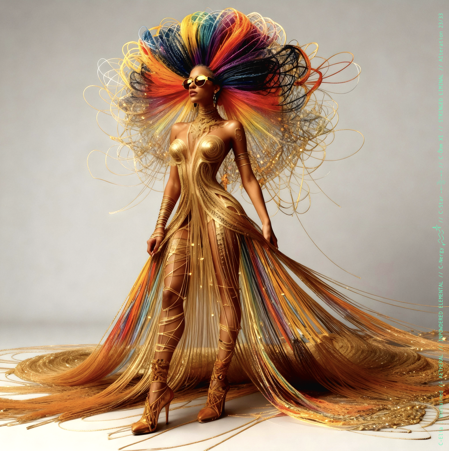 Surreal haute meta  couture NFT silhouette from C-Elia: Unchained, Stringed Liminal collection. A living sculpture made entirely of golden and colored strings, merging art, vibration and geometry into a resonant couture form.