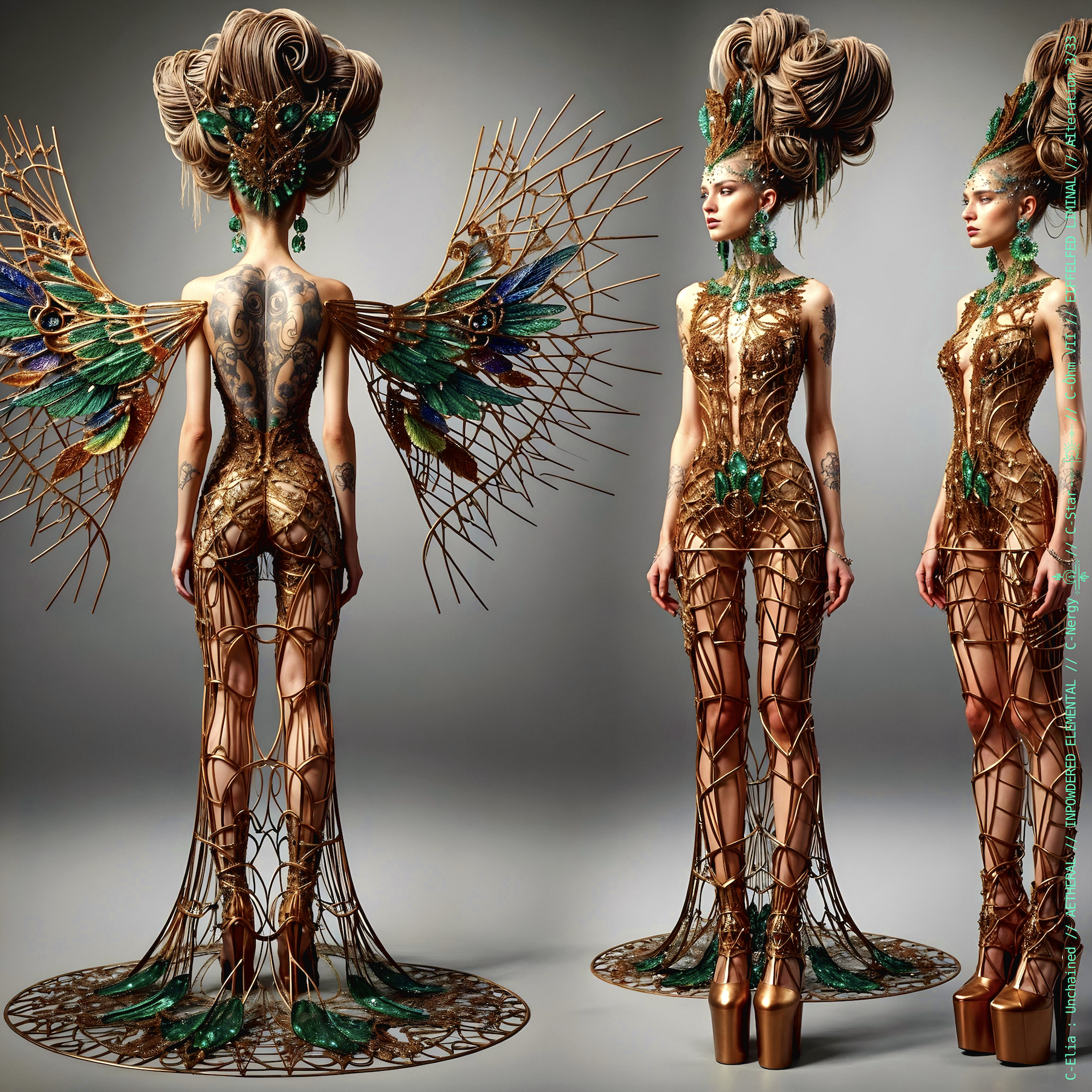 Surreal haute meta couture NFT silhouette from C Elia Unchained, Eiffelfed Liminal collection, merging openwork copper metal, emerald braids, metallic glyph makeup and Parisian architectural couture infused with the atmospheric pulse of Massive Attack and Mad Professor’s “Three.”