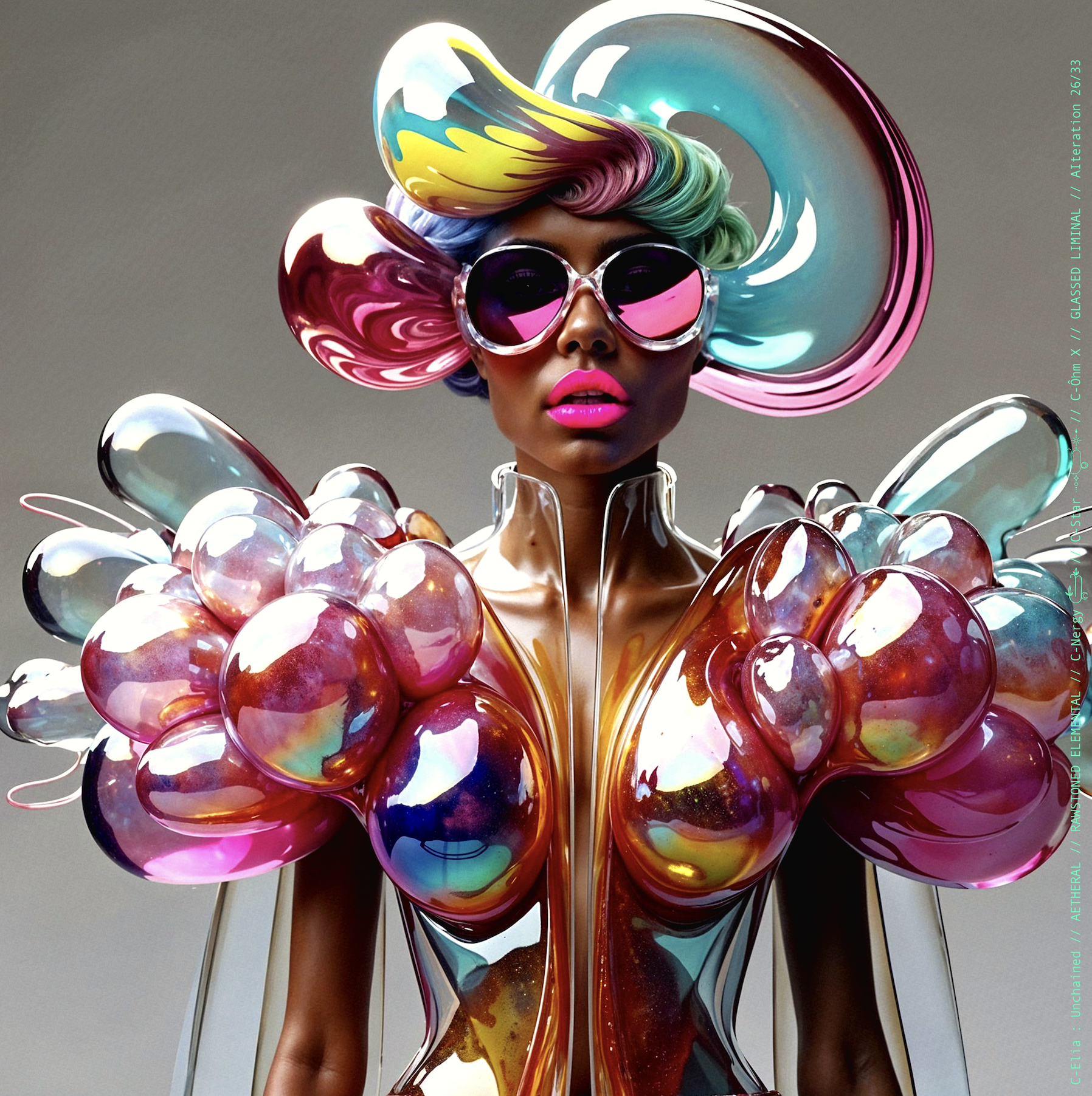 Surreal haute meta couture NFT silhouette from C-Elia: Unchained, Glassed Liminal collection, inspired by blown glass and molten light, merging fragility, transparency and grandeur into an avant garde architectural couture sculpture.