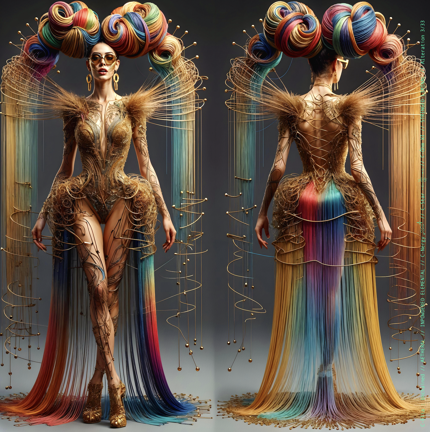 Surreal haute meta  couture NFT silhouette from C-Elia: Unchained, Stringed Liminal collection. A living sculpture made entirely of golden and colored strings, merging art, vibration and geometry into a resonant couture form.