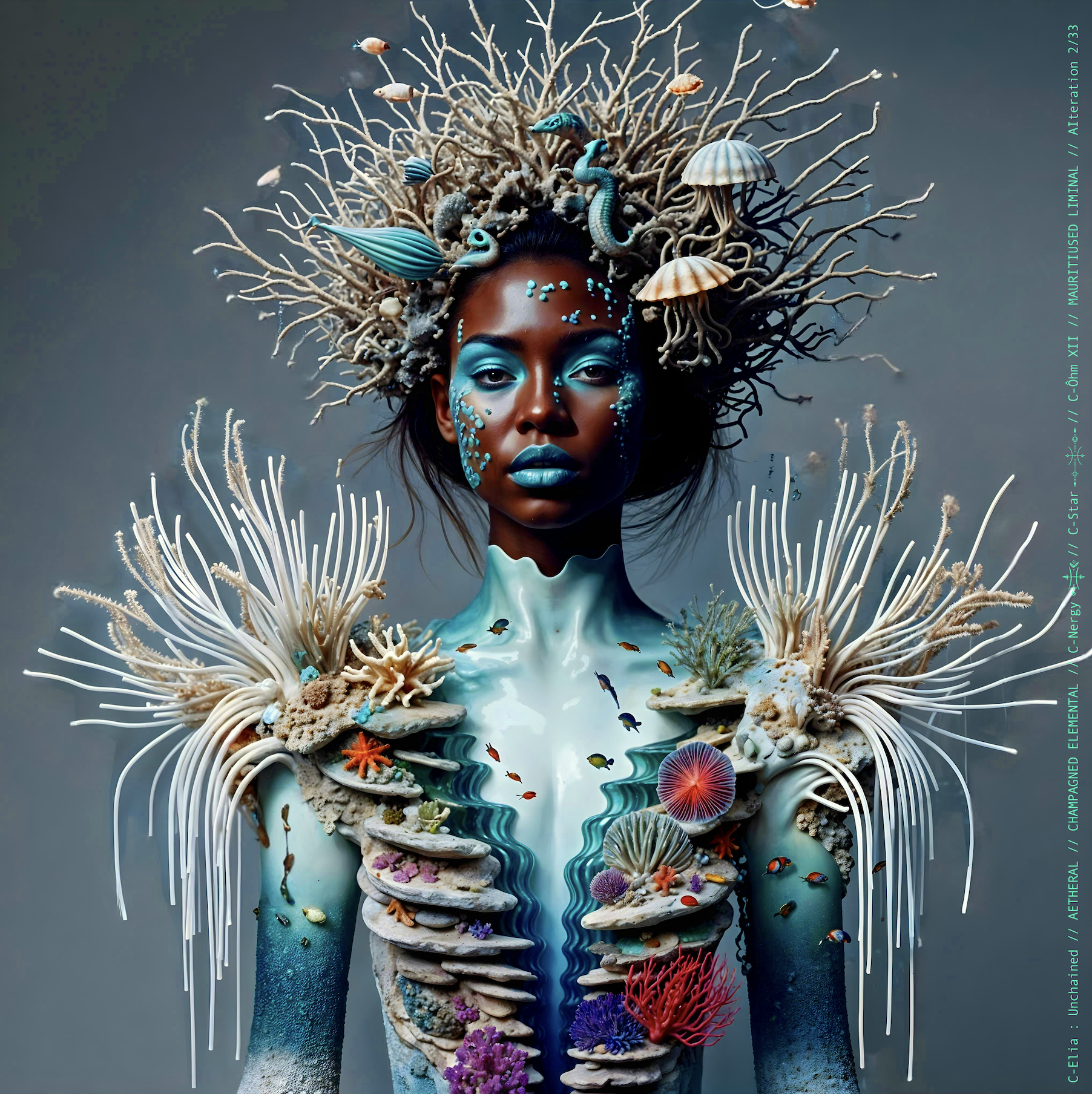 Surreal haute meta couture NFT silhouette from C-Elia: Unchained, Mauritiused Liminal collection, inspired by coral reefs and marine architecture, merging water, light and couture into a floating living sculpture