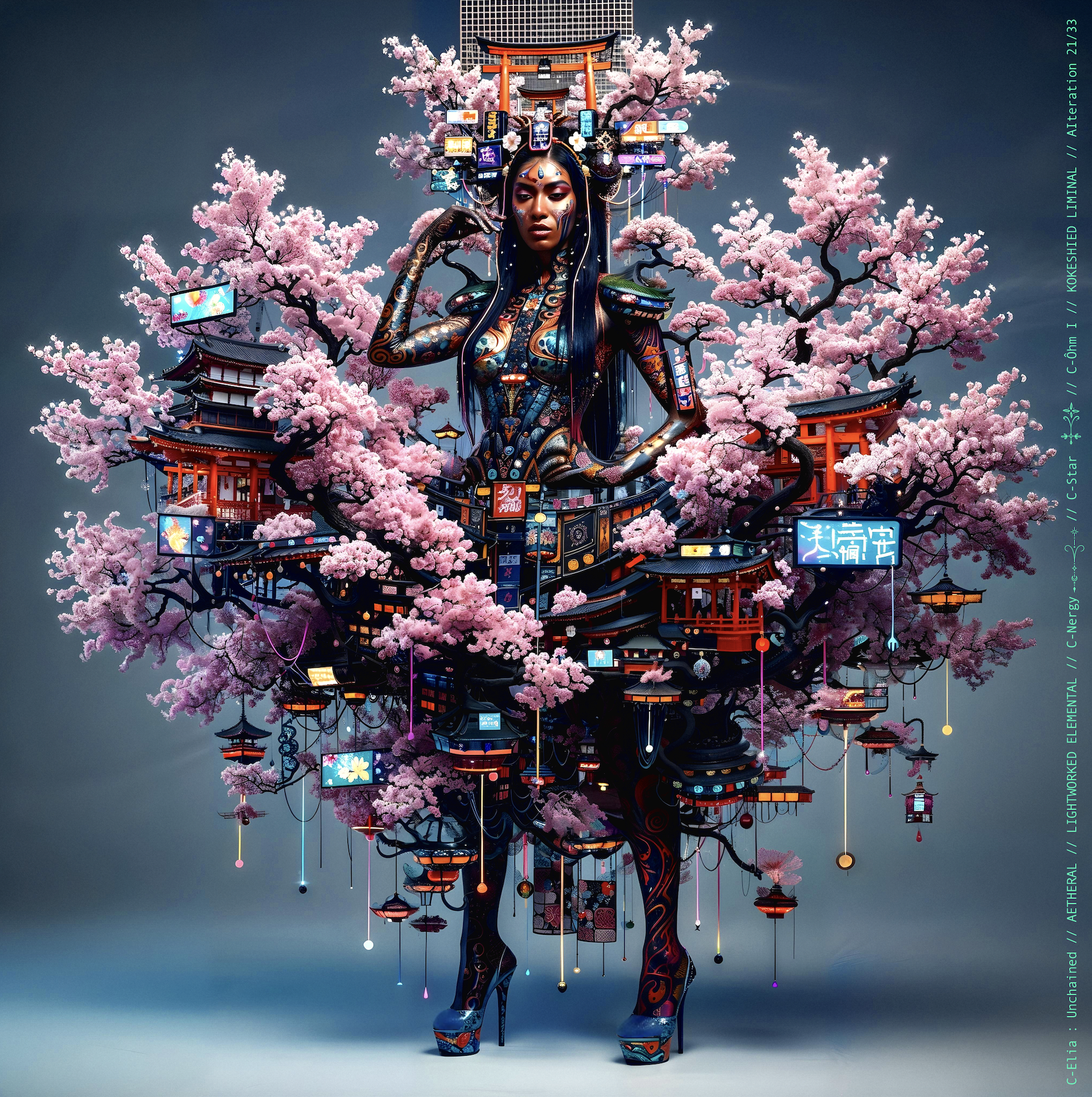 Surreal haute meta couture NFT silhouette from C-Elia: Unchained, Kokeshied Liminal, a fusion of Kyoto serenity and Shibuya light embodied in a living digital shrine.