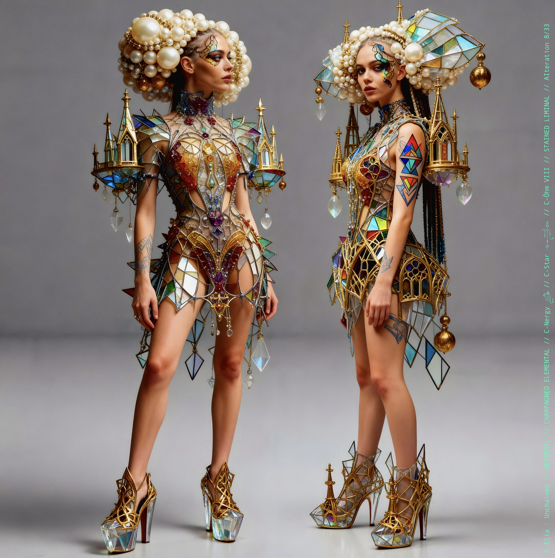 Surreal haute meta couture NFT silhouette from C-Elia: Unchained, Stained Liminal collection, inspired by cathedral stained glass and Mondrian geometry, merging sacred light, metallic reflections, and futuristic architecture into a living holographic couture sculpture.