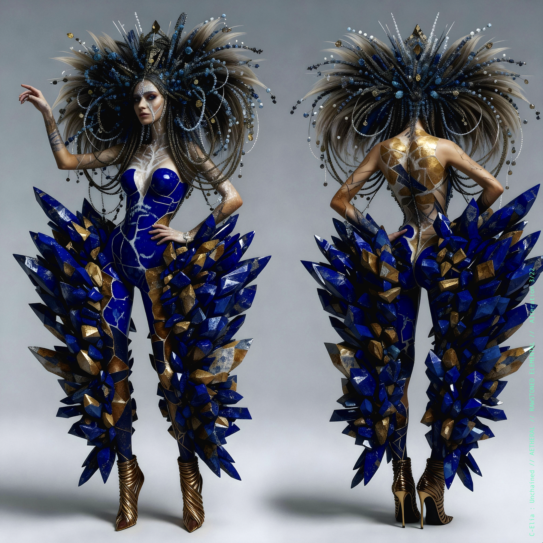 Surreal haute meta couture NFT silhouette from C Elia Unchained, Rawstoned Elemental collection, merging precious-stone hairstyles, raw mineral strata, lapis lazuli fractures and the tectonic elegance of avant garde couture.