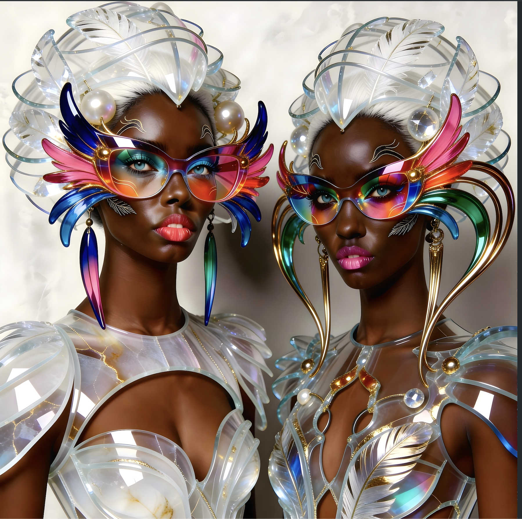 Surreal haute meta couture NFT silhouette from C-Elia: Unchained, Surreal female top model wearing an avant-garde haute couture glass sculpture with oversized colorful optical glasses, translucent white structure with gold veins, Iris Framed collection.