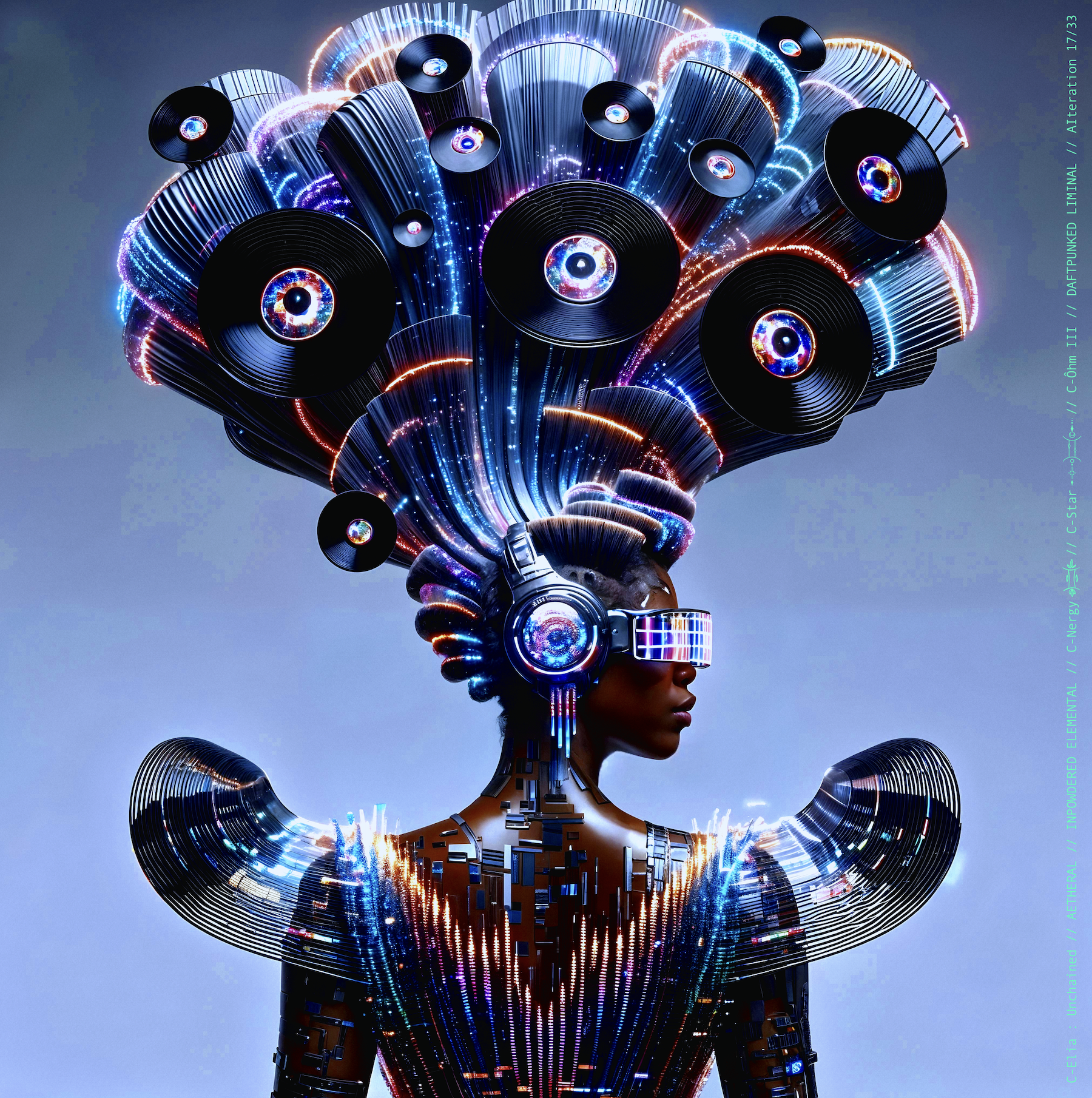 Surreal haute meta couture NFT silhouette from C Elia Unchained, Daftpunked Liminal collection, inspired by electronic neon aesthetics and the luminous frequencies of Daft Punk Alive 2008, merging holographic vinyl, glitch light and couture architecture.

