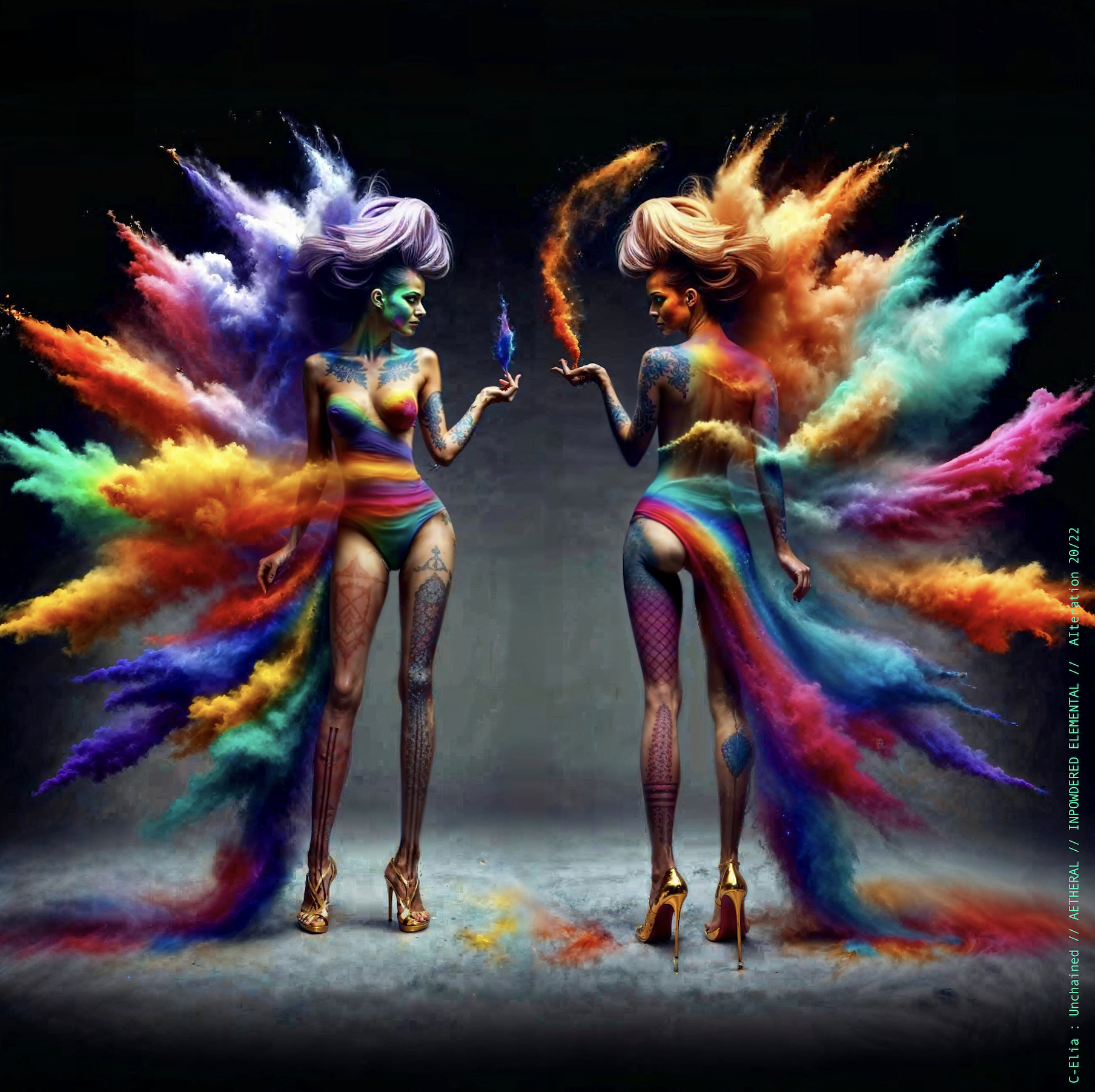 Surreal haute meta couture NFT silhouette from C Elia Unchained, Impowdered Elemental collection, formed from airborne rainbow powders, vaporous chromatic clouds and wind-sculpted avant garde couture.