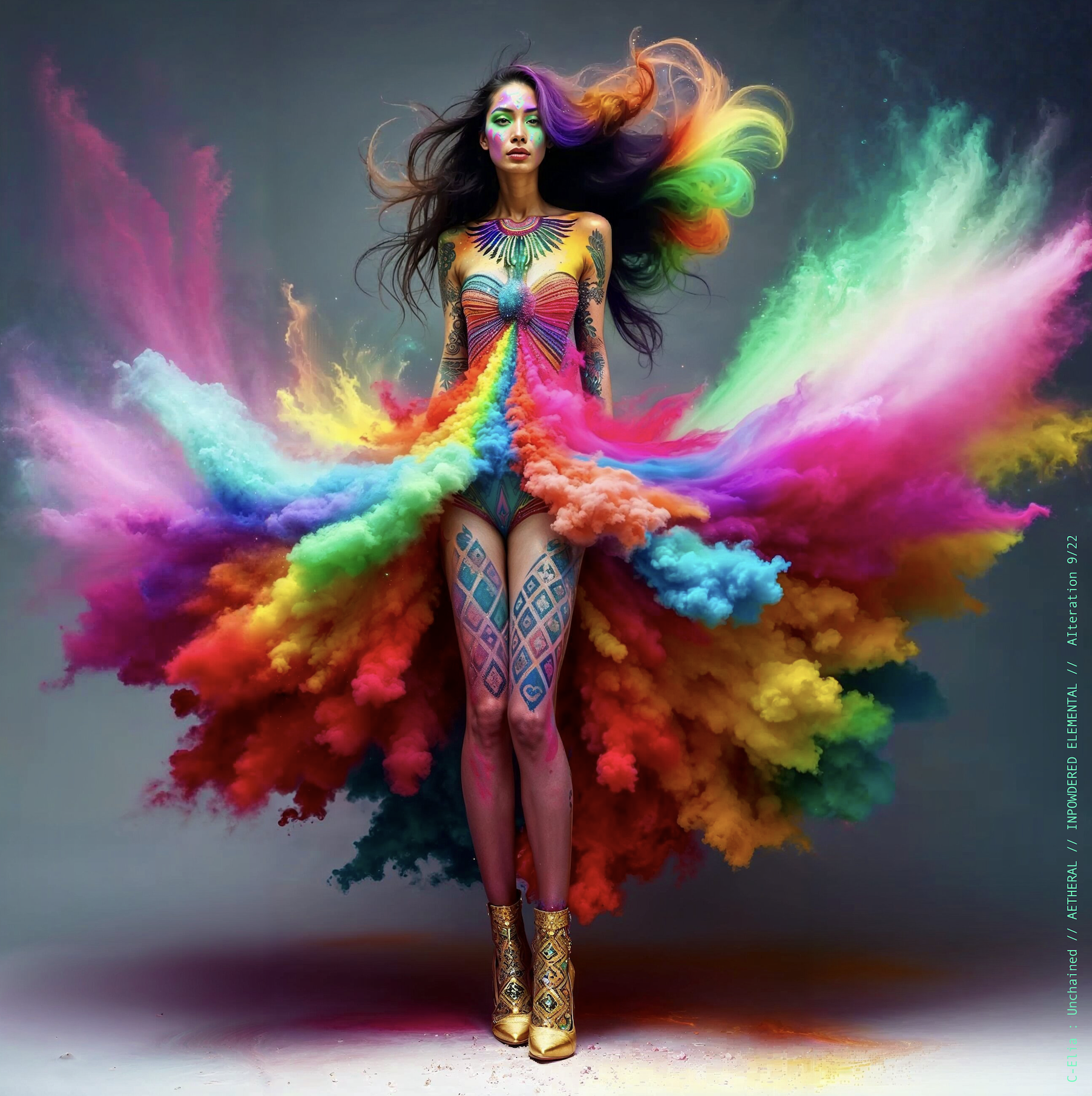 Surreal haute meta couture NFT silhouette from C Elia Unchained, Impowdered Elemental collection, formed from airborne rainbow powders, vaporous chromatic clouds and wind-sculpted avant garde couture.