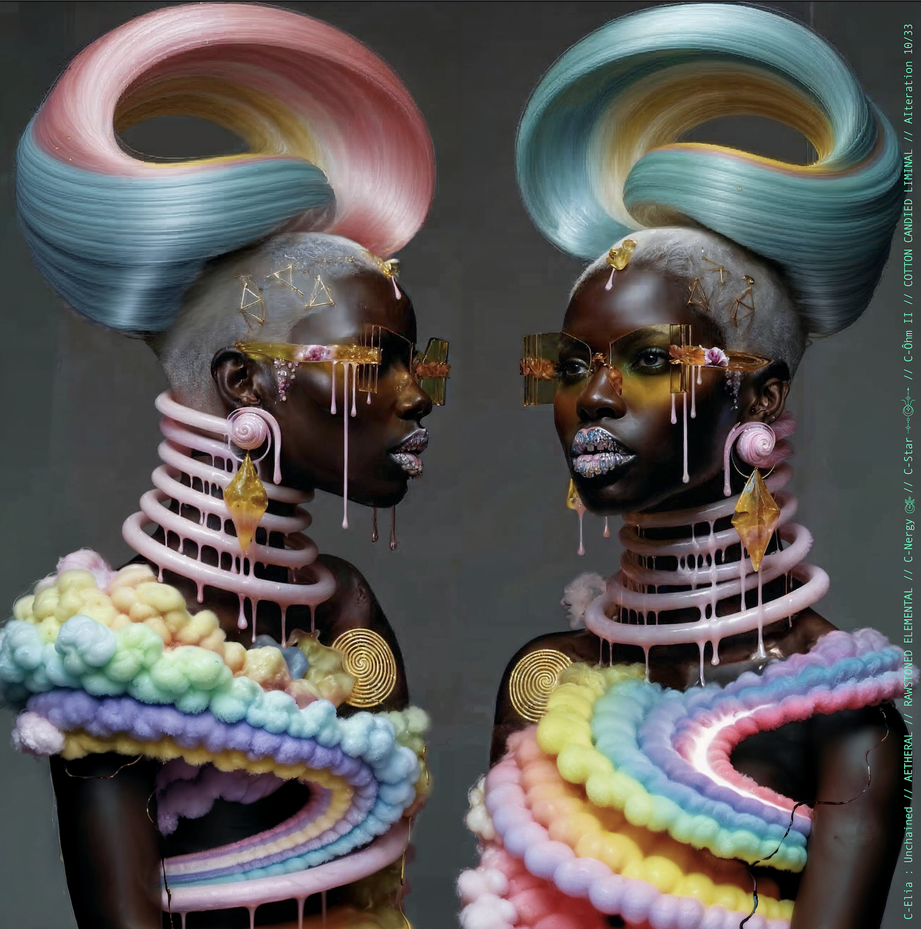 Surreal haute meta couture NFT silhouette from C Elia: Unchained, Cotton Candied Liminal collection, inspired by pastel cotton candy clouds and Khmer gold tattoos, merging sweetness, rebellion and couture into a living vaporous sculpture.