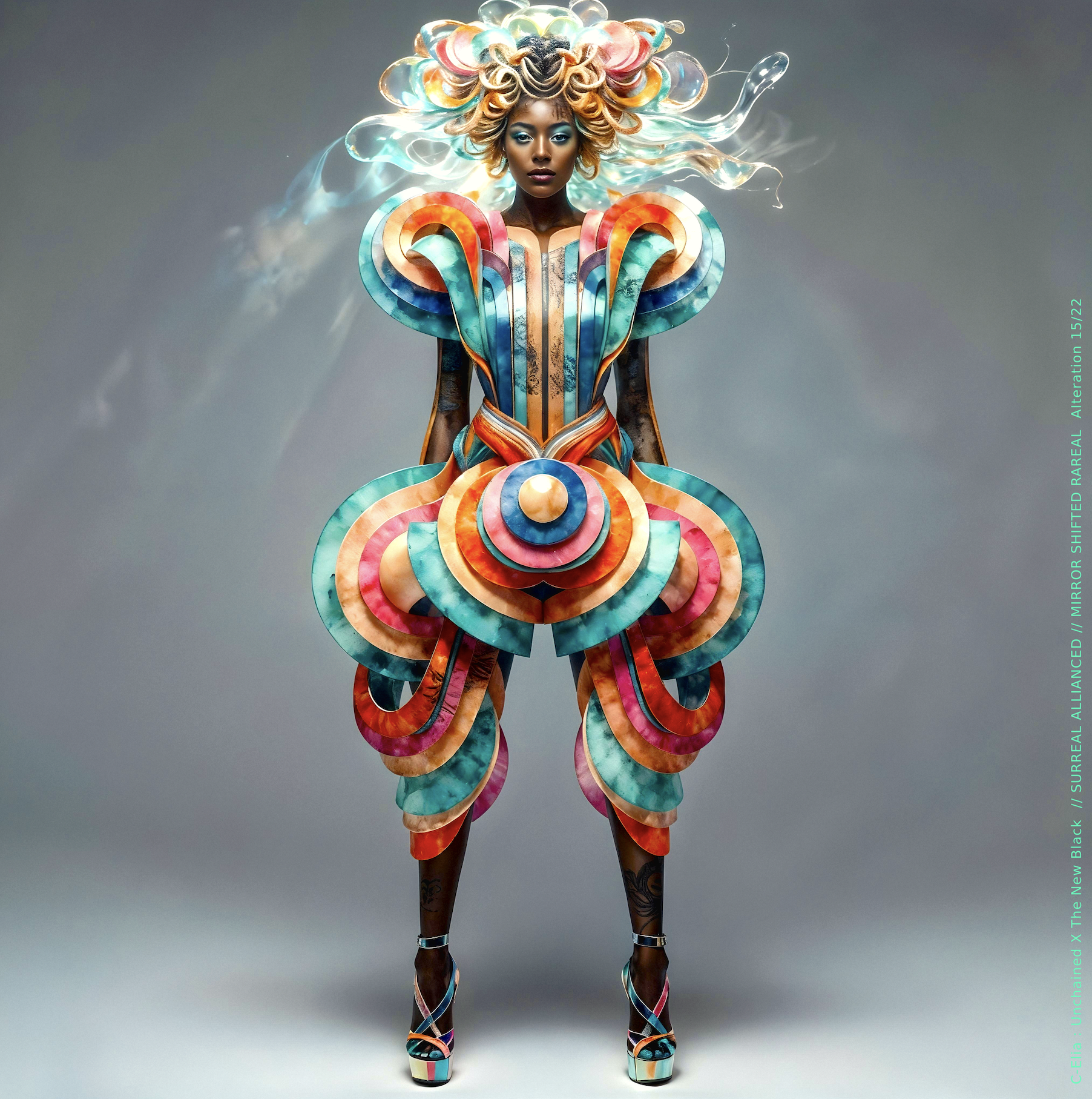 Surreal haute meta couture NFT silhouette from C-Elia: Unchained, Thenewblacked Allianced Liminal, created in collaboration with tThe New Black, merging resin, glass, acrylic and light into a living prism of translucent geometry.