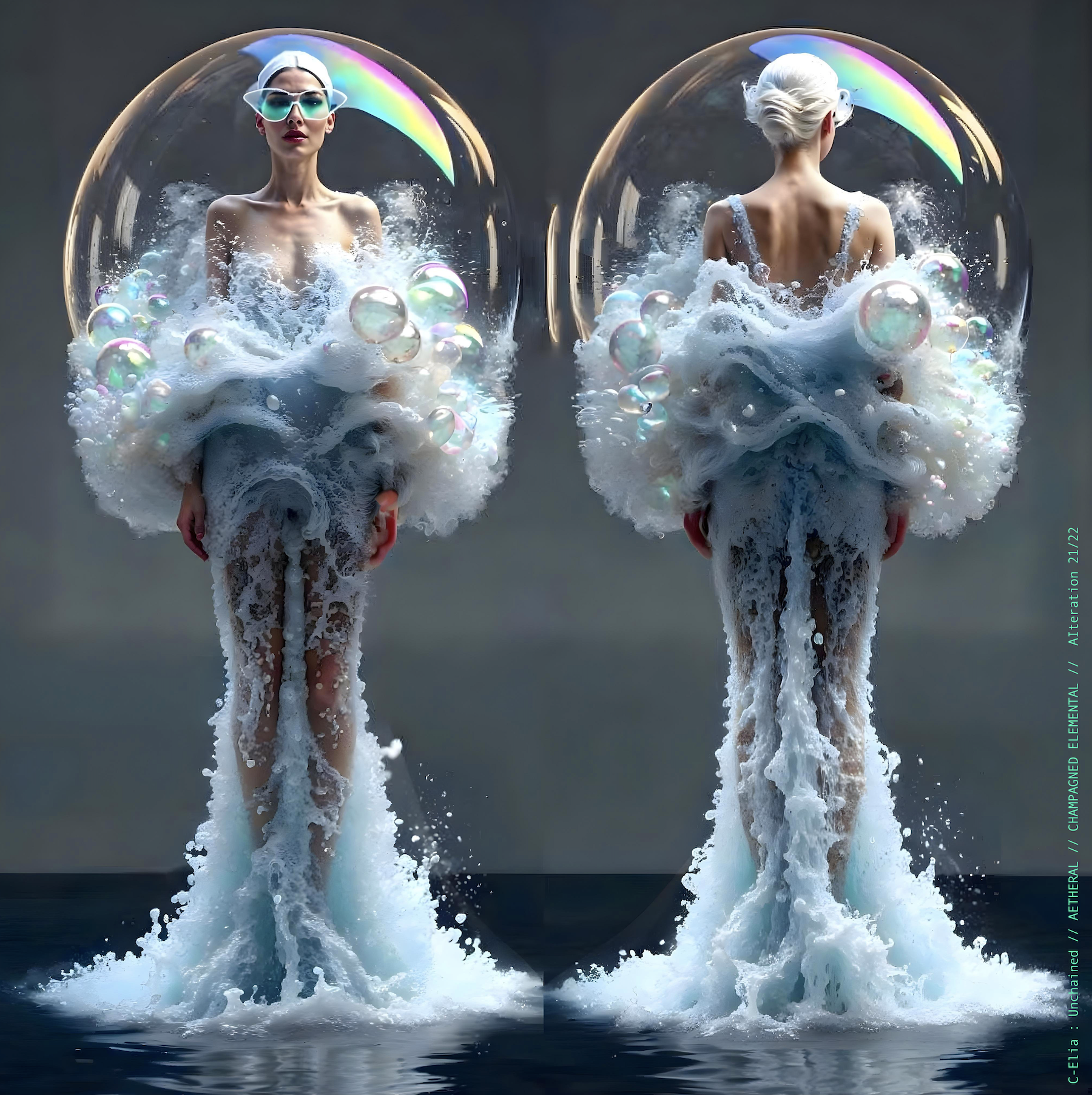 Surreal haute meta couture NFT silhouette from C Elia Unchained, Champagned Elemental collection, formed from transparent champagne bubbles, liquid cascades and retro futuristic white wave hair sculpted into effervescent couture.
