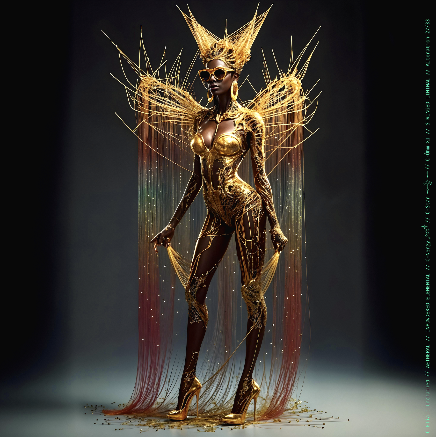 Surreal haute meta  couture NFT silhouette from C-Elia: Unchained, Stringed Liminal collection. A living sculpture made entirely of golden and colored strings, merging art, vibration and geometry into a resonant couture form.