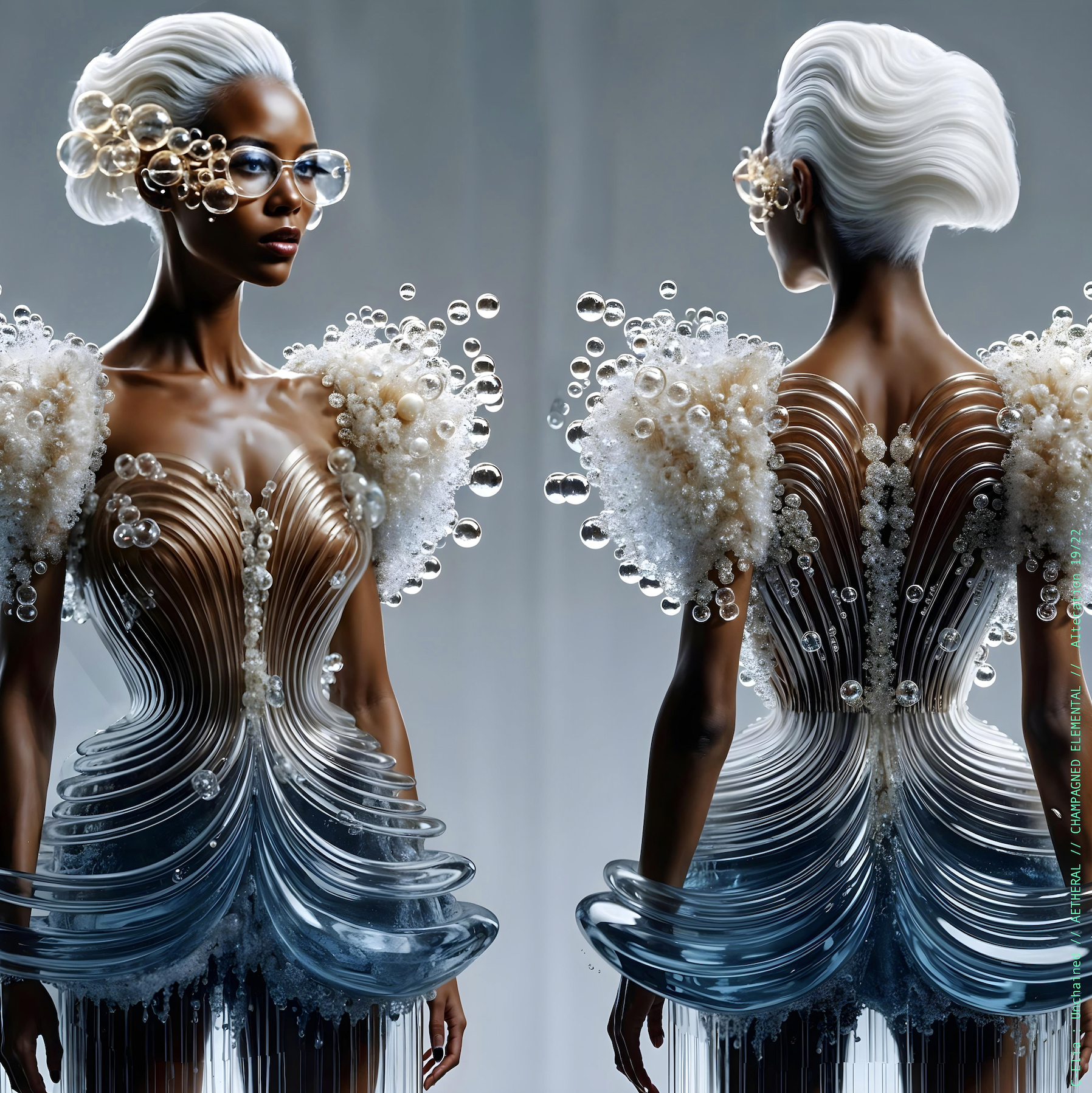 Surreal haute meta couture NFT silhouette from C Elia Unchained, Champagned Elemental collection, formed from transparent champagne bubbles, liquid cascades and retro futuristic white wave hair sculpted into effervescent couture.