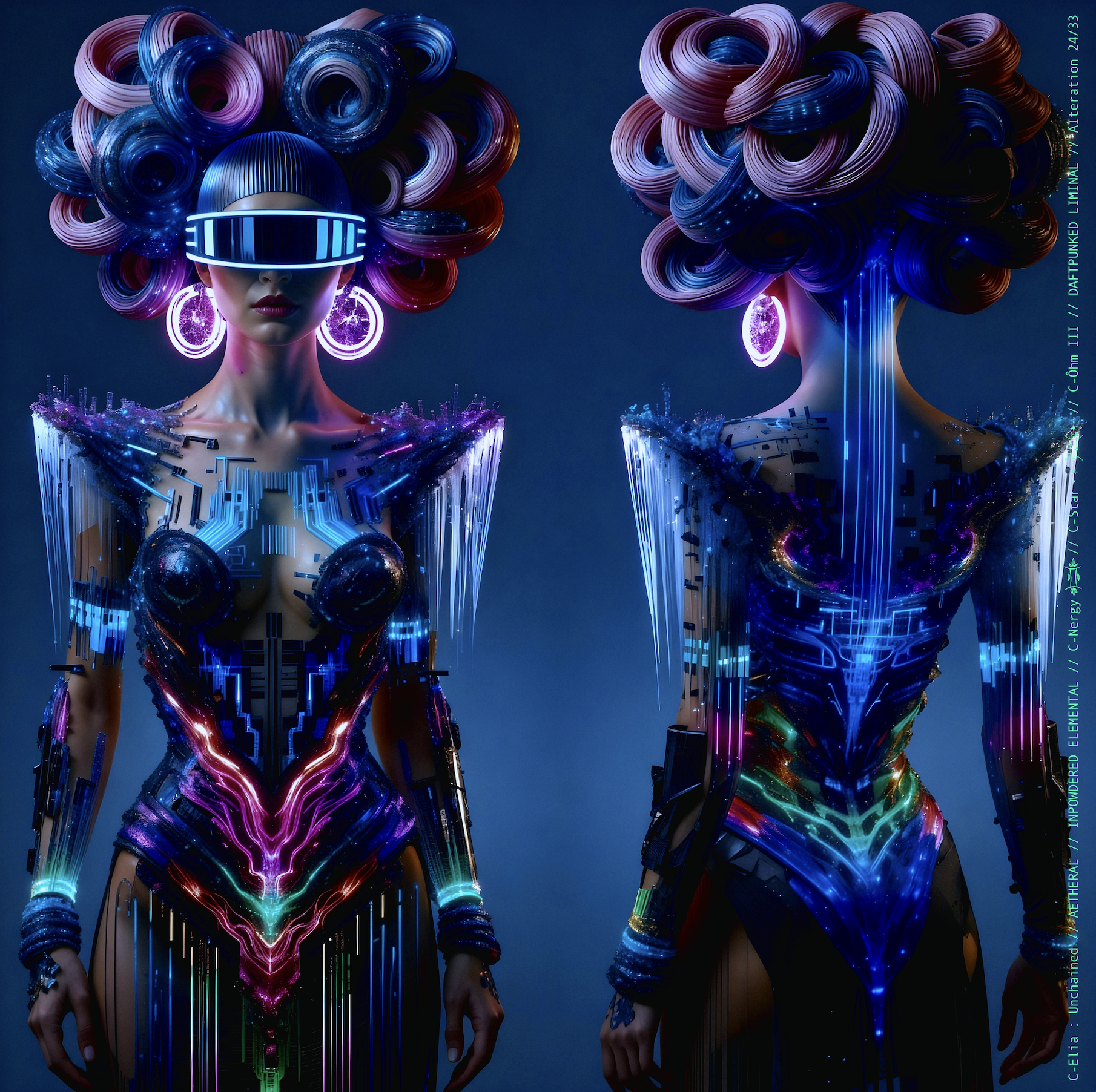 Surreal haute meta couture NFT silhouette from C Elia Unchained, Daftpunked Liminal collection, inspired by electronic neon aesthetics and the luminous frequencies of Daft Punk Alive 2008, merging holographic vinyl, glitch light and couture architecture.

