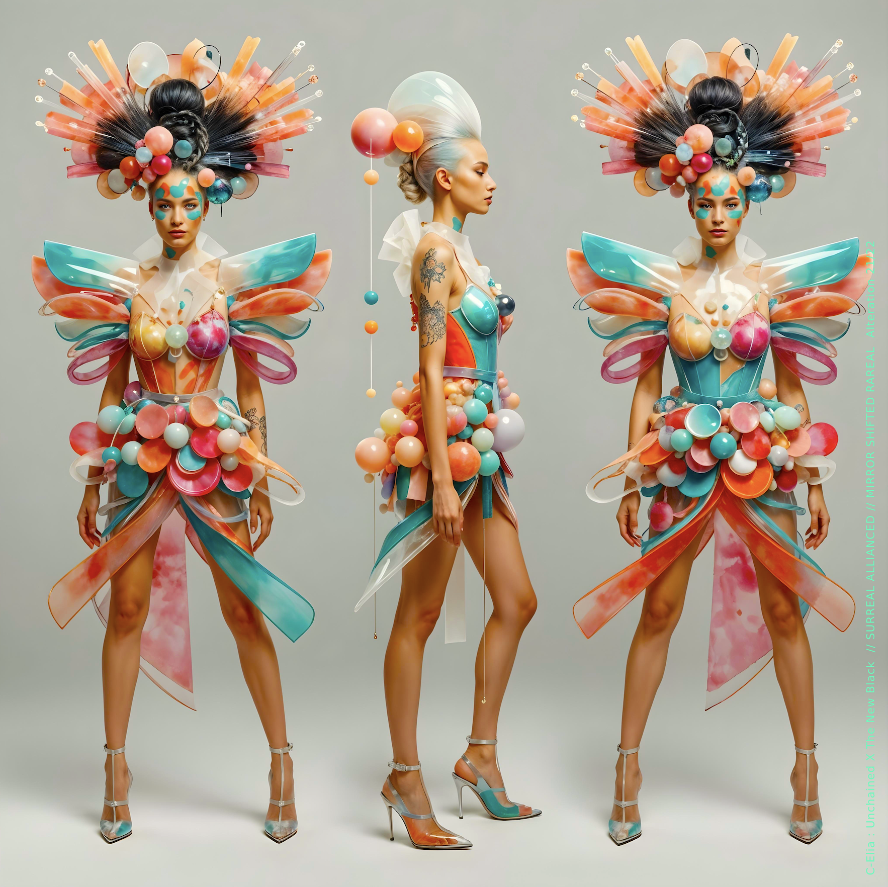 Surreal haute meta couture NFT silhouette from C-Elia: Unchained, Thenewblacked Allianced Liminal, created in collaboration with tThe New Black, merging resin, glass, acrylic and light into a living prism of translucent geometry.