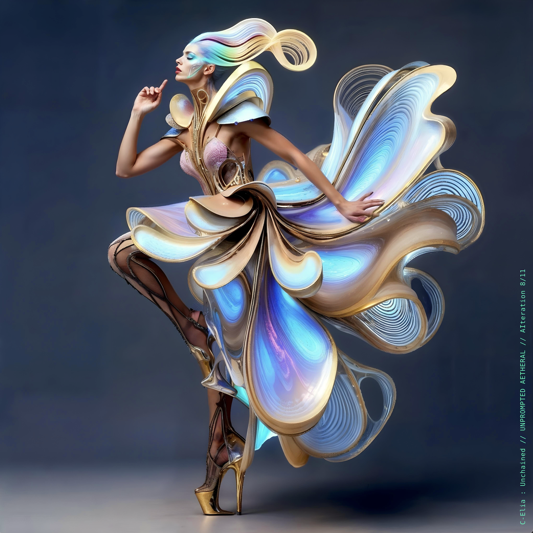 Surreal haute meta couture NFT silhouette from C Elia Unchained, Unprompted Aetheral collection, merging crystalline arcs, holographic ribbons, neon-lit futuristic structures and iridescent sacred geometry inspired by M I A’s Vicki Leekx mixtape.