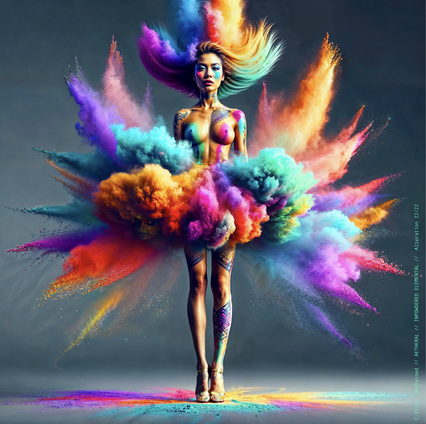 Surreal haute meta couture NFT silhouette from C Elia Unchained, Impowdered Elemental collection, formed from airborne rainbow powders, vaporous chromatic clouds and wind-sculpted avant garde couture.