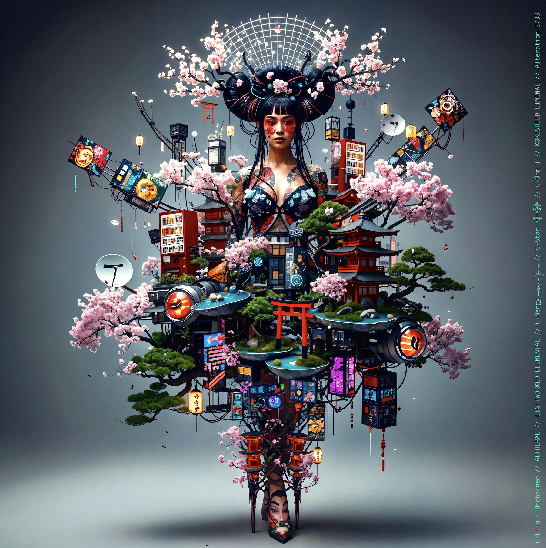 Surreal haute meta couture NFT silhouette from C-Elia: Unchained, Kokeshied Liminal, a fusion of Kyoto serenity and Shibuya light embodied in a living digital shrine.