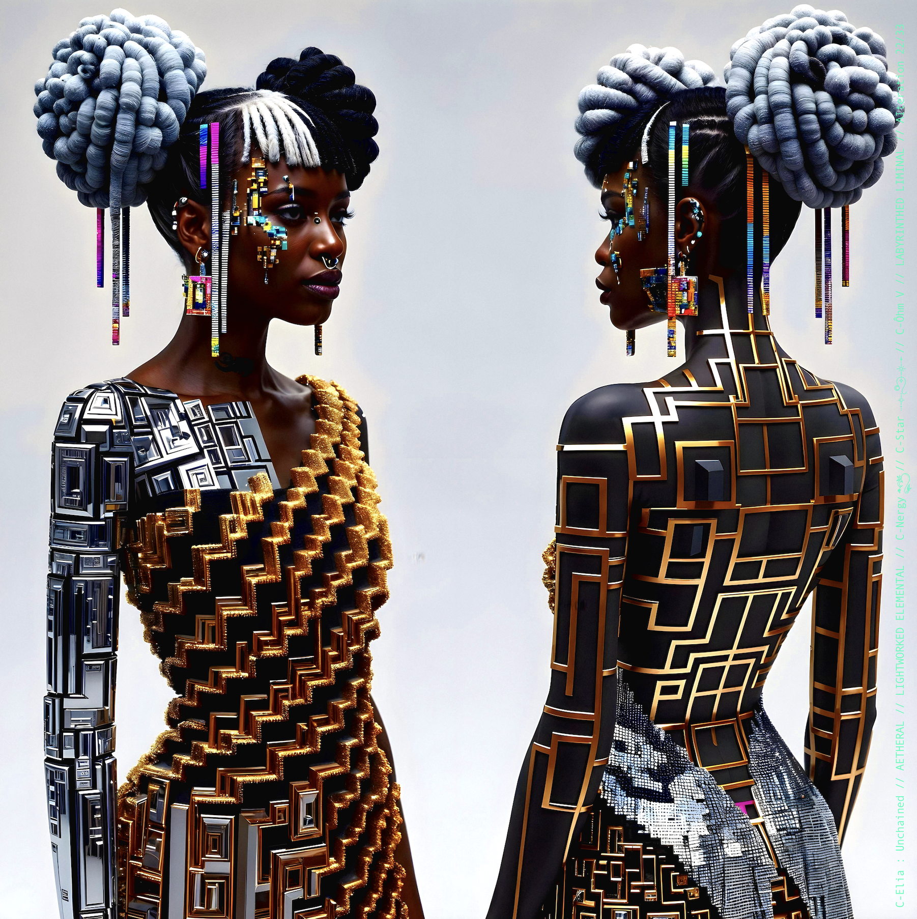 Surreal haute meta couture NFT silhouette from C Elia Unchained, Labyrinthed Liminal collection, inspired by mirrored labyrinth geometry and the chromatic echo of Blue Boy’s “Remember Me,” merging pixel tattoos, gold voxel structures and reflective couture architecture.