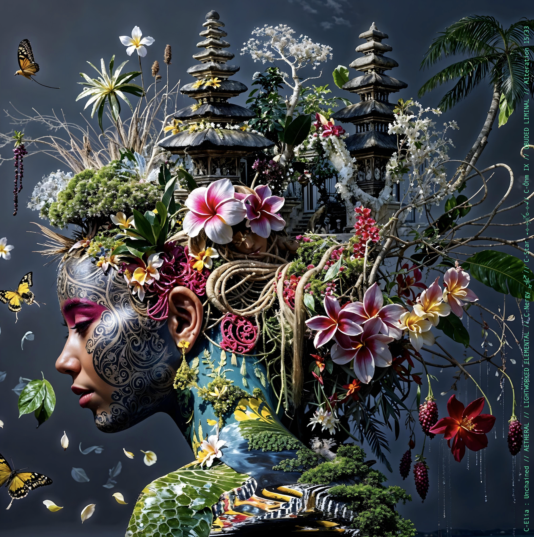 Surreal haute meta couture NFT silhouette from C Elia Unchained, Ubuded Liminal collection, merging tropical Balinese garden architecture, volcanic stone, drifting petals, incense smoke and sacred botanical couture inspired by Asian Dub Foundation’s “Witness.”