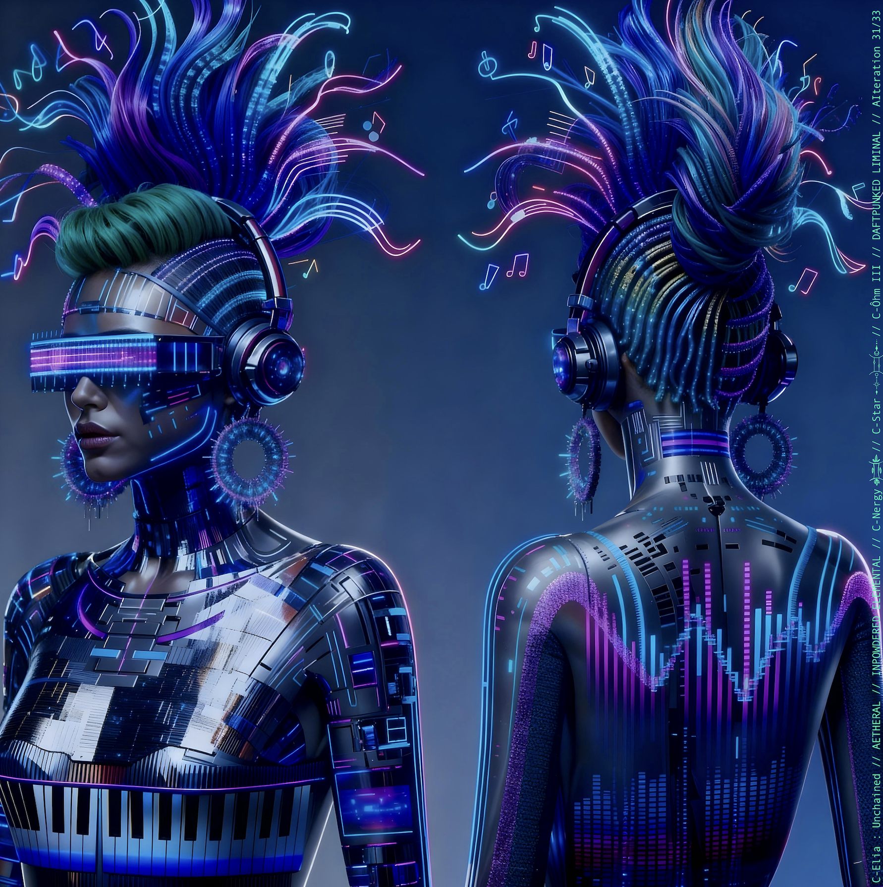 Surreal haute meta couture NFT silhouette from C Elia Unchained, Daftpunked Liminal collection, inspired by electronic neon aesthetics and the luminous frequencies of Daft Punk Alive 2008, merging holographic vinyl, glitch light and couture architecture.

