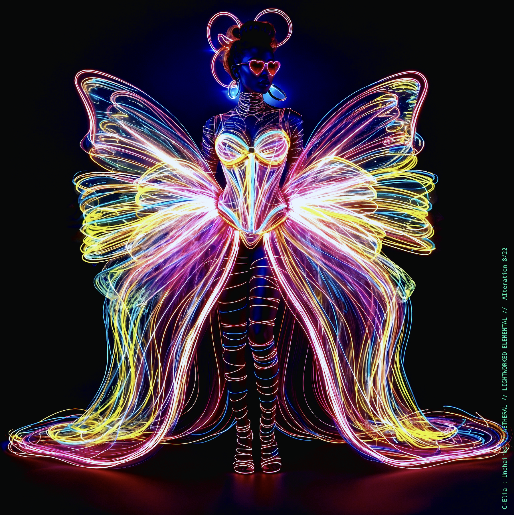 Surreal haute meta couture NFT silhouette from C-Elia: Unchained, Lightworked Elemental collection, a luminous architectural form sketched entirely in neon-painted lines and glowing contours, blending avant-garde light geometry with ethereal couture energy.