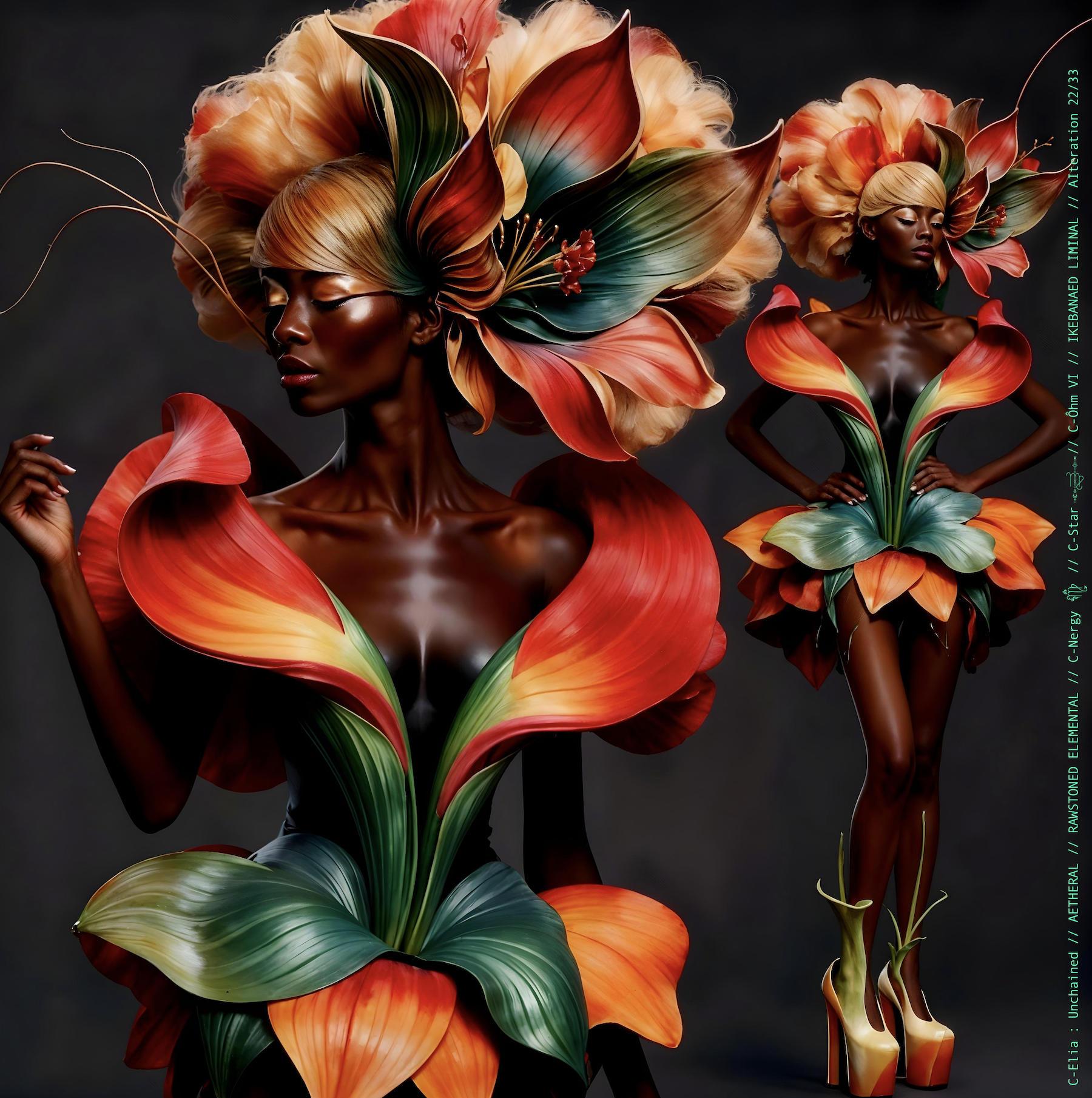 Surreal haute meta couture NFT silhouette from C-Elia: Unchained, Ikebanaed Liminal collection, inspired by floral architecture and Japanese composition, merging nature, geometry and serenity into a living couture sculpture.