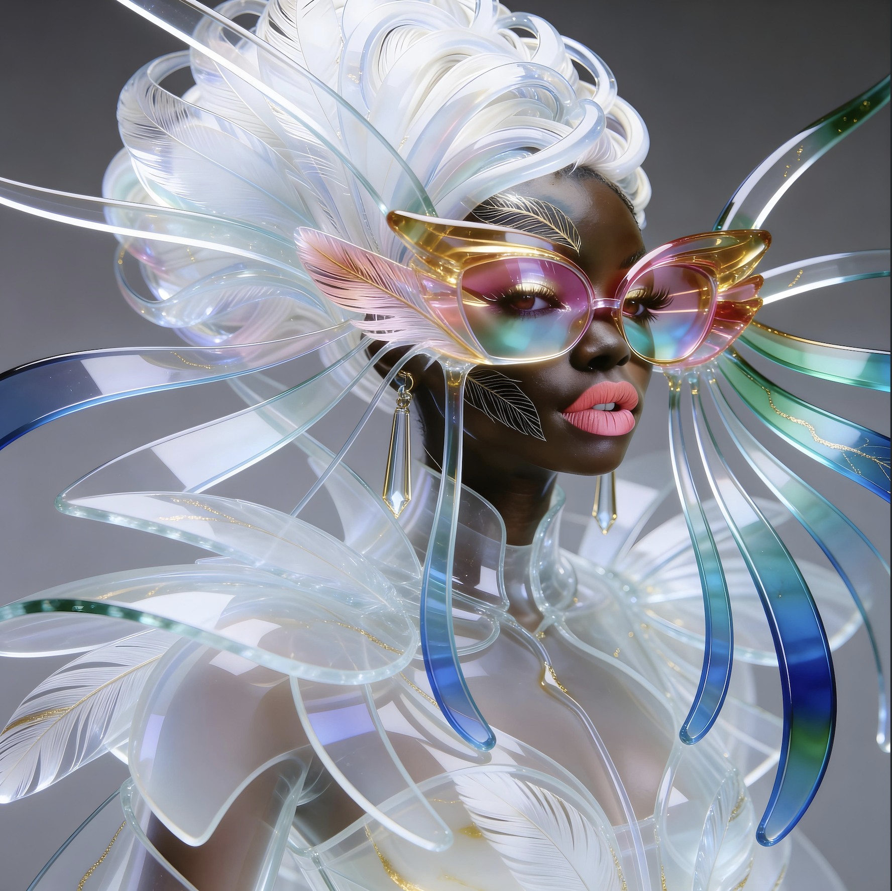 Surreal haute meta couture NFT silhouette from C-Elia: Unchained, Surreal female top model wearing an avant-garde haute couture glass sculpture with oversized colorful optical glasses, translucent white structure with gold veins, Iris Framed collection.