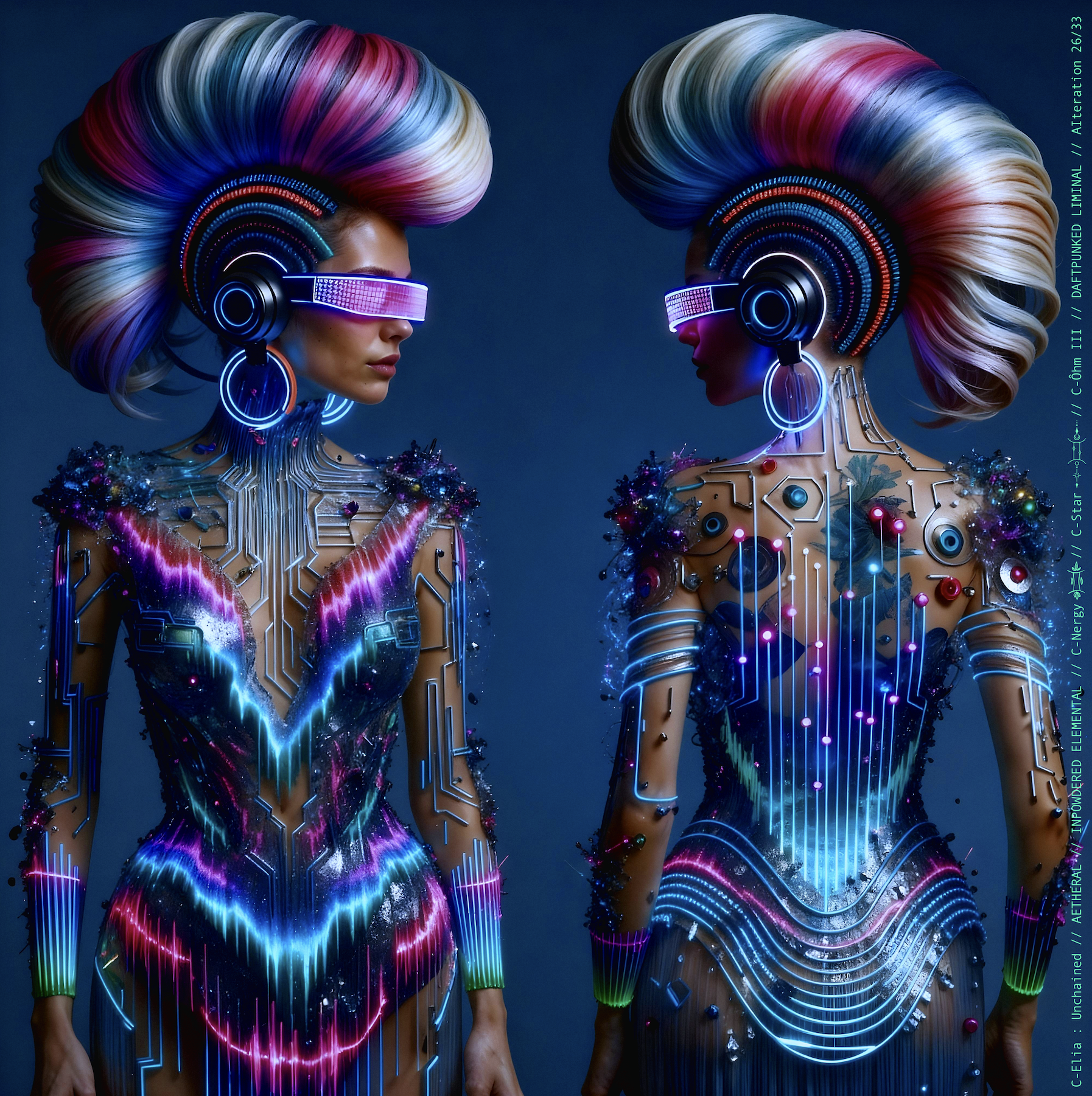 Surreal haute meta couture NFT silhouette from C Elia Unchained, Daftpunked Liminal collection, inspired by electronic neon aesthetics and the luminous frequencies of Daft Punk Alive 2008, merging holographic vinyl, glitch light and couture architecture.

