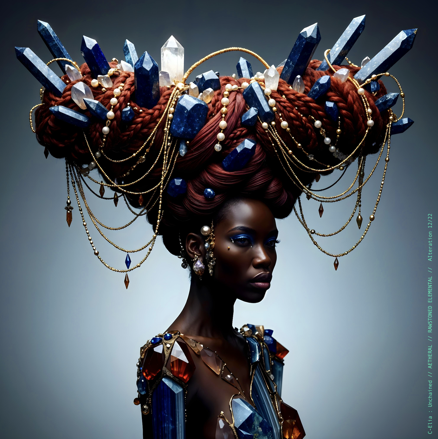 Surreal haute meta couture NFT silhouette from C Elia Unchained, Rawstoned Elemental collection, merging precious-stone hairstyles, raw mineral strata, lapis lazuli fractures and the tectonic elegance of avant garde couture.