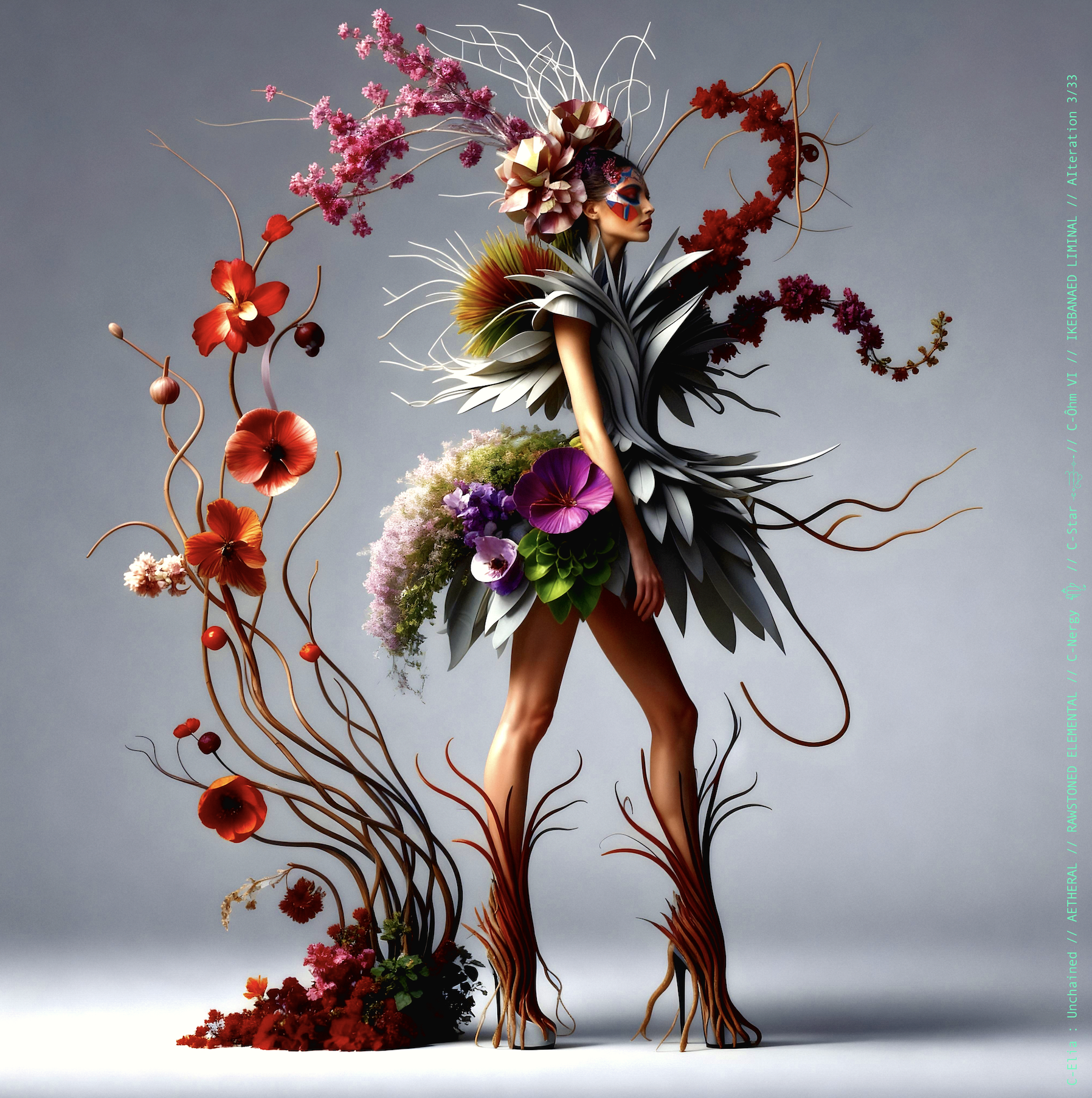 Surreal haute meta couture NFT silhouette from C-Elia: Unchained, Ikebanaed Liminal collection, inspired by floral architecture and Japanese composition, merging nature, geometry and serenity into a living couture sculpture.