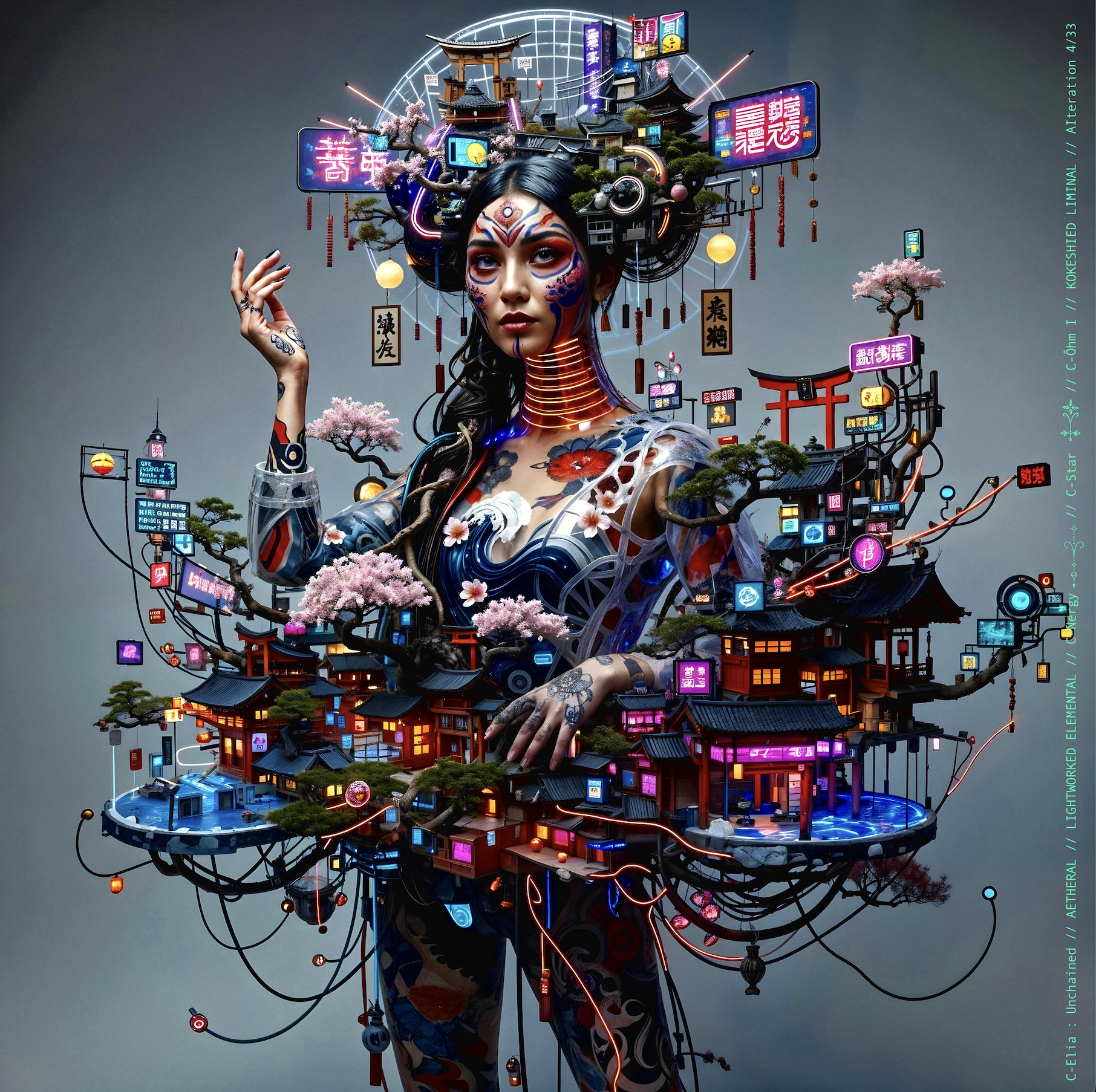 Surreal haute meta couture NFT silhouette from C-Elia: Unchained, Kokeshied Liminal, a fusion of Kyoto serenity and Shibuya light embodied in a living digital shrine.