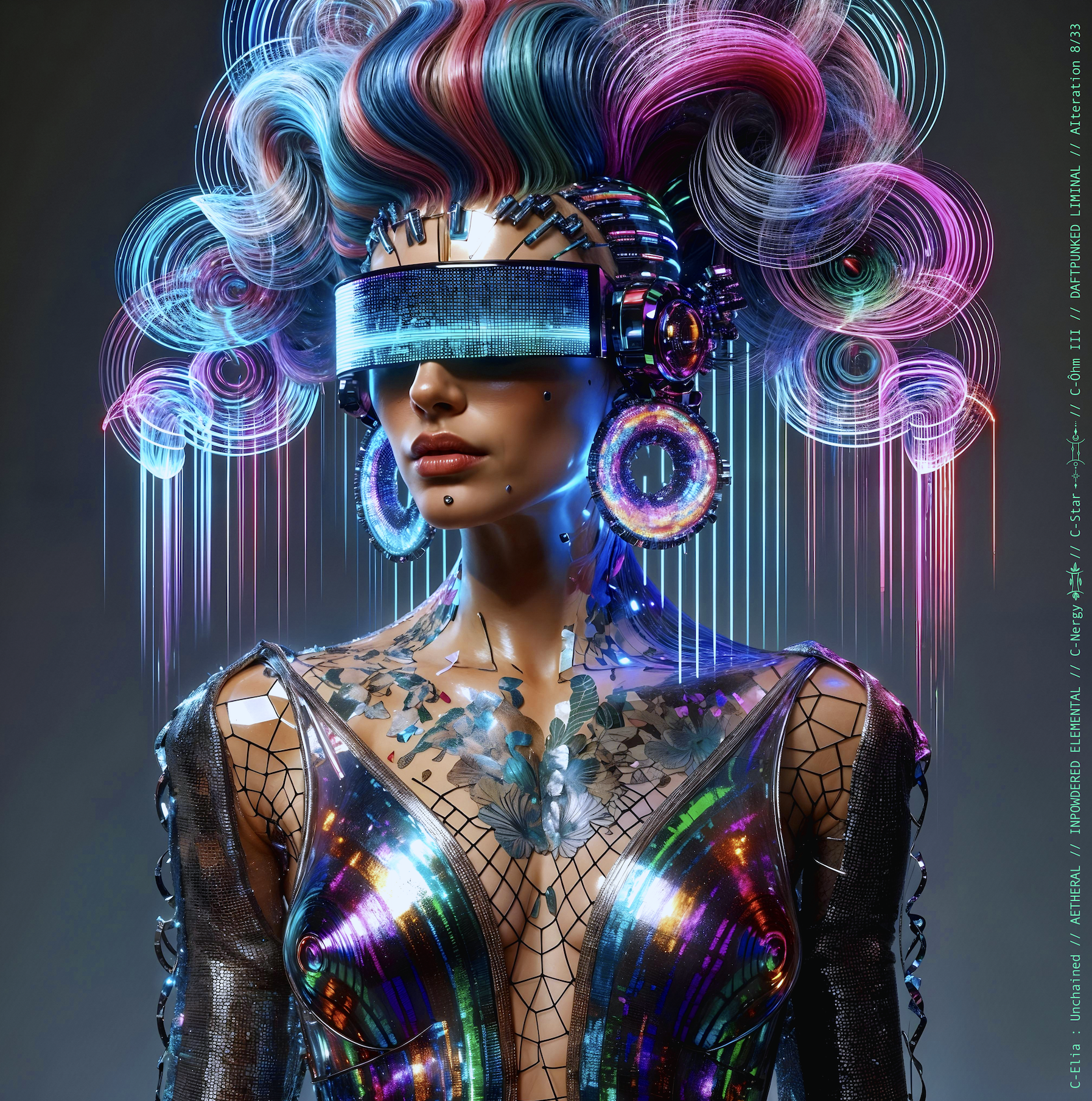 Surreal haute meta couture NFT silhouette from C Elia Unchained, Daftpunked Liminal collection, inspired by electronic neon aesthetics and the luminous frequencies of Daft Punk Alive 2008, merging holographic vinyl, glitch light and couture architecture.

